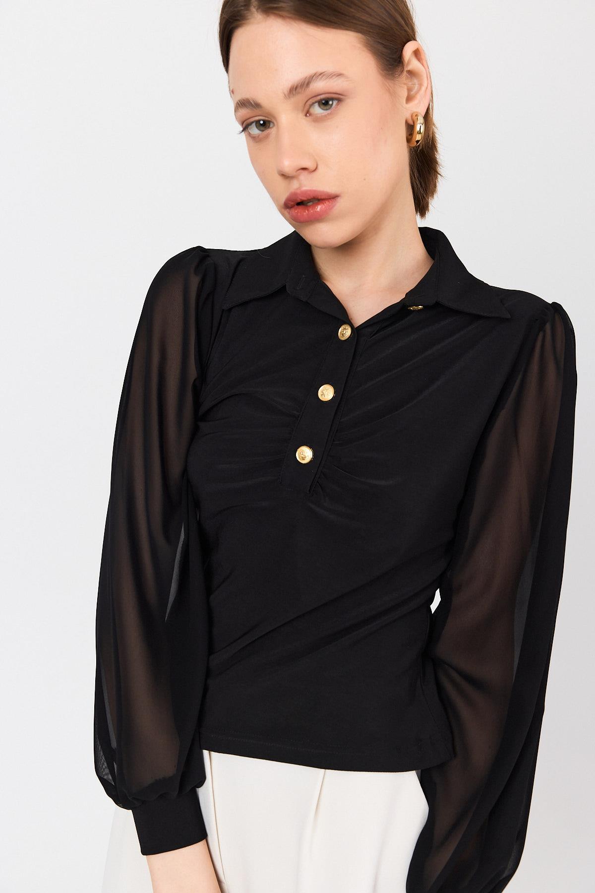 Siyah Şifon Kollu Gömlek Yaka Düğmeli Bluz 9478 - RAYS