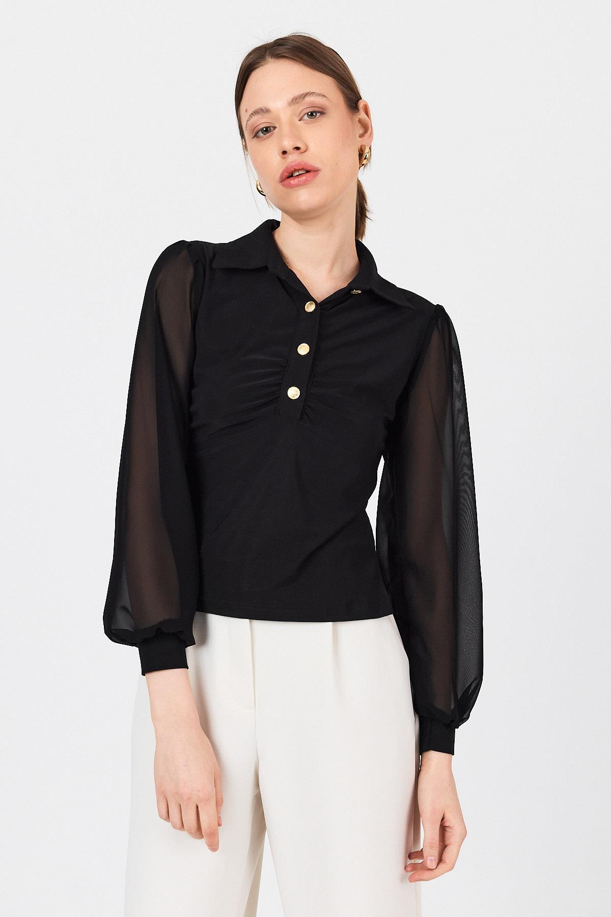 Siyah Şifon Kollu Gömlek Yaka Düğmeli Bluz 9478 - RAYS