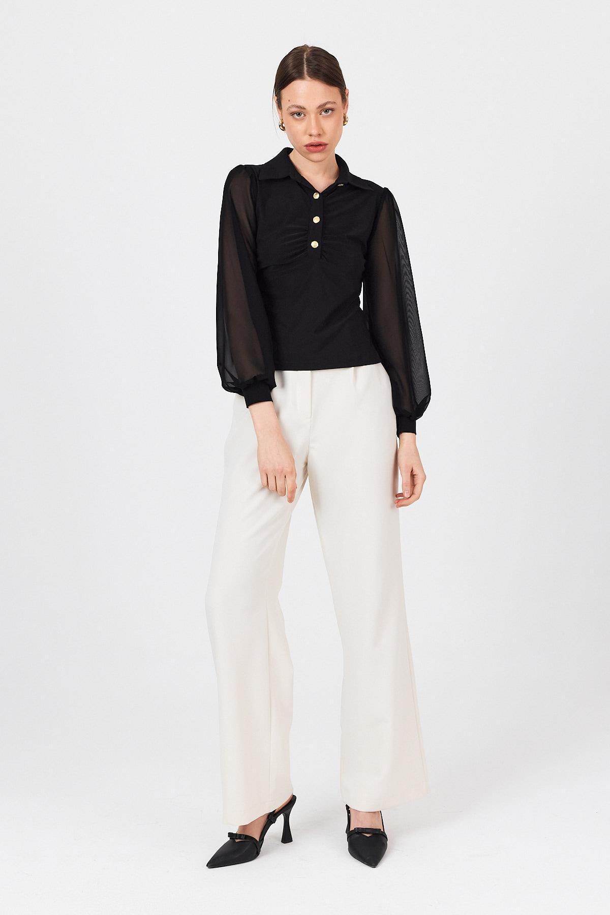 Siyah Şifon Kollu Gömlek Yaka Düğmeli Bluz 9478 - RAYS