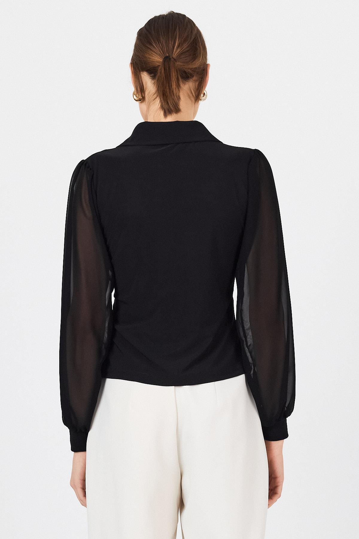 Siyah Şifon Kollu Gömlek Yaka Düğmeli Bluz 9478 - 5
