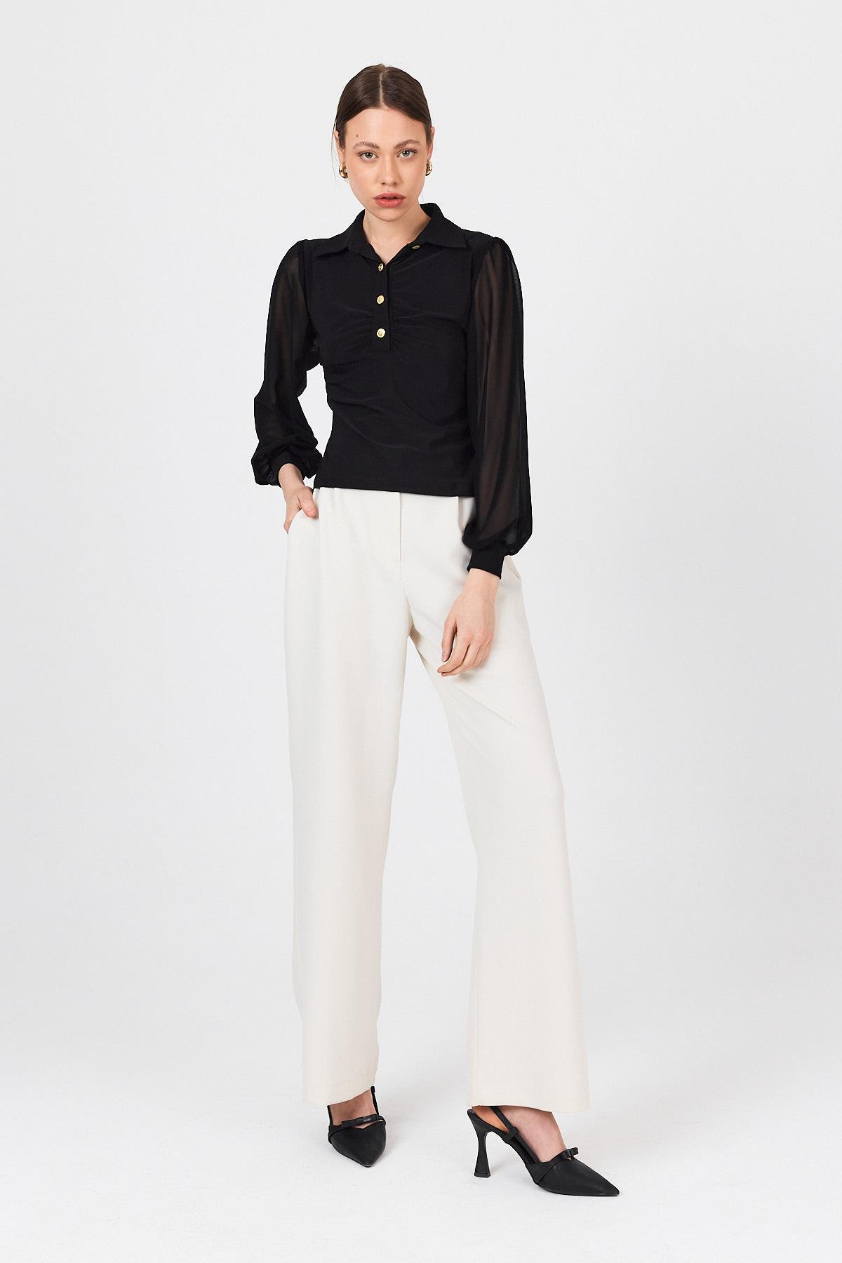 Siyah Şifon Kollu Gömlek Yaka Düğmeli Bluz 9478 - 7