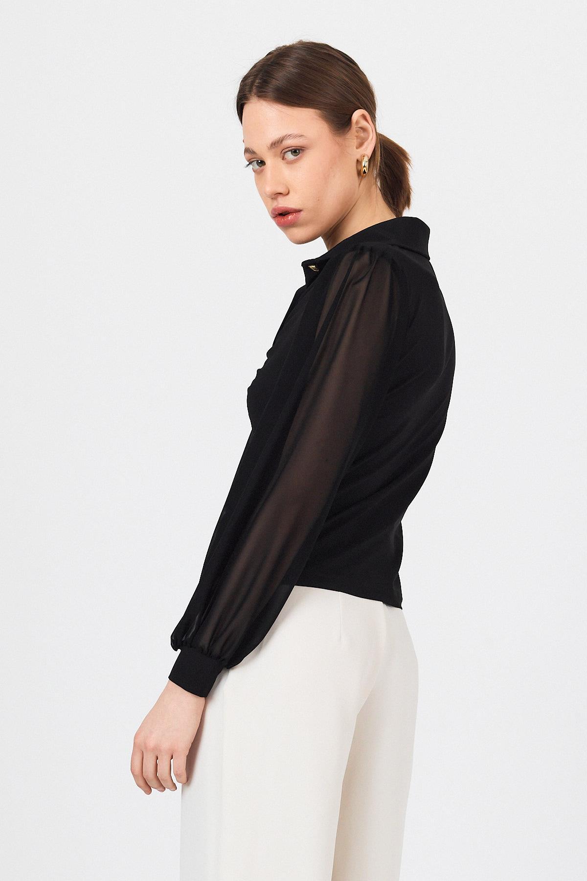 Siyah Şifon Kollu Gömlek Yaka Düğmeli Bluz 9478 - 6