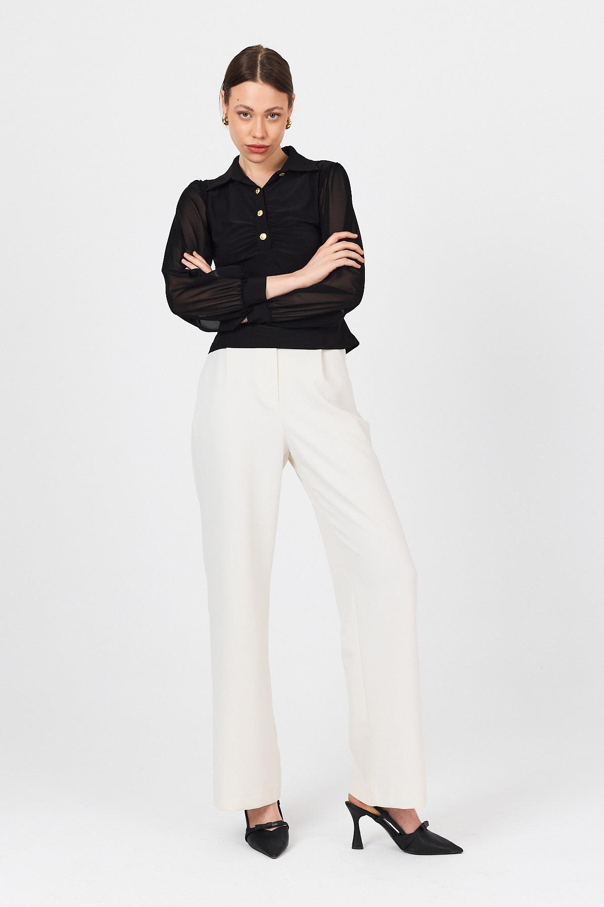 Siyah Şifon Kollu Gömlek Yaka Düğmeli Bluz 9478 - 8