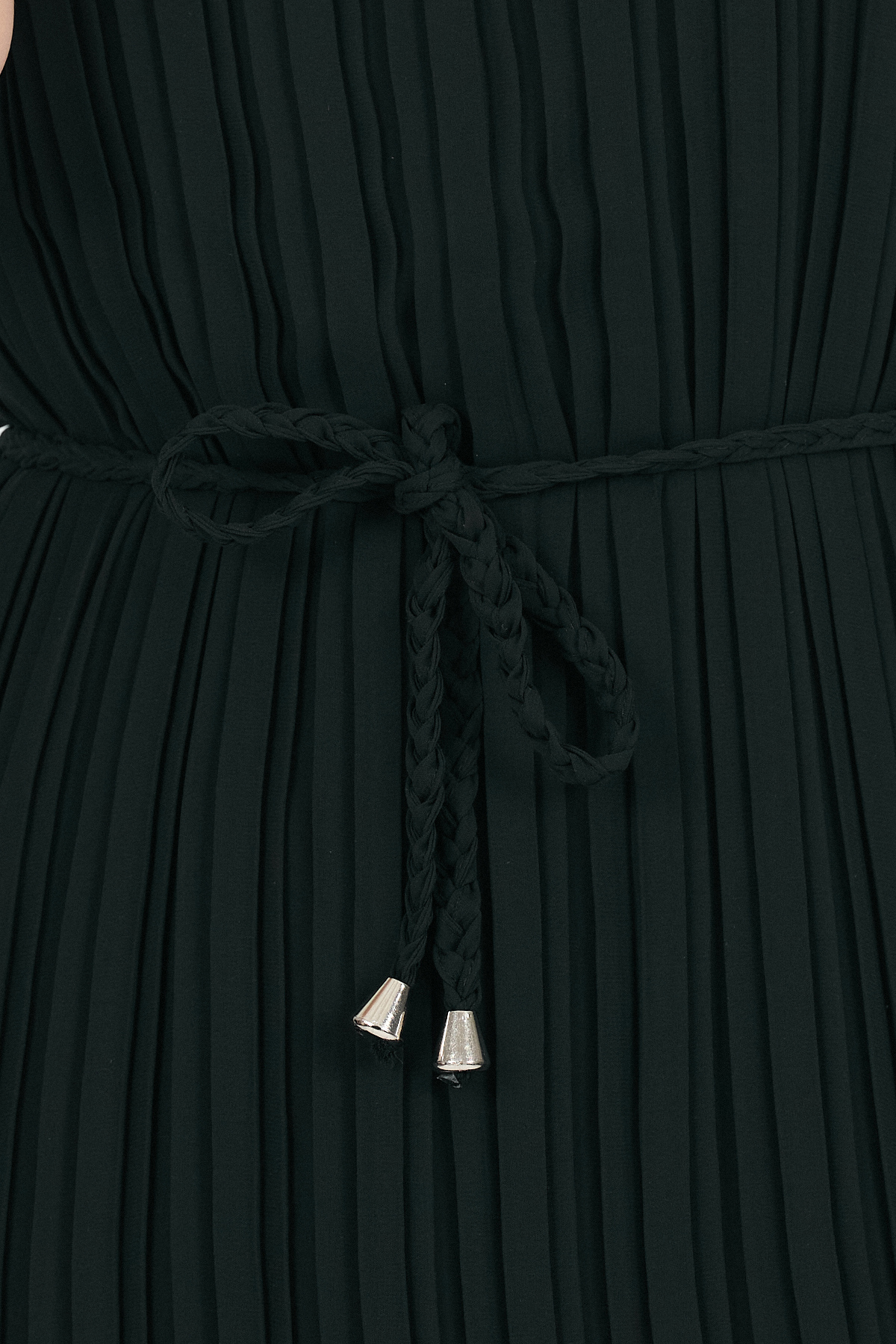 Siyah Şifon Kolsuz Pileli Bel Bağlamalı Midi Elbise 118 - 4