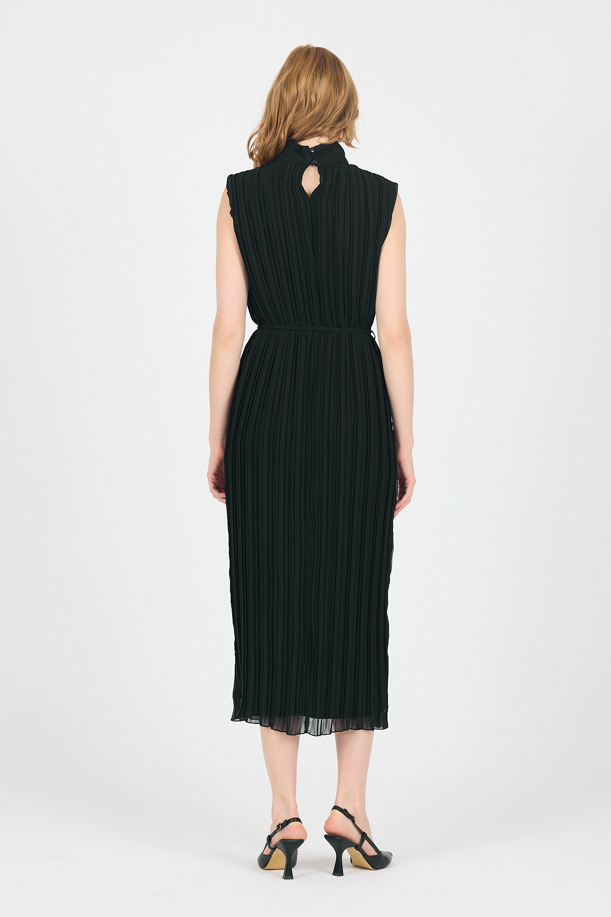 Siyah Şifon Kolsuz Pileli Bel Bağlamalı Midi Elbise 118 - 5