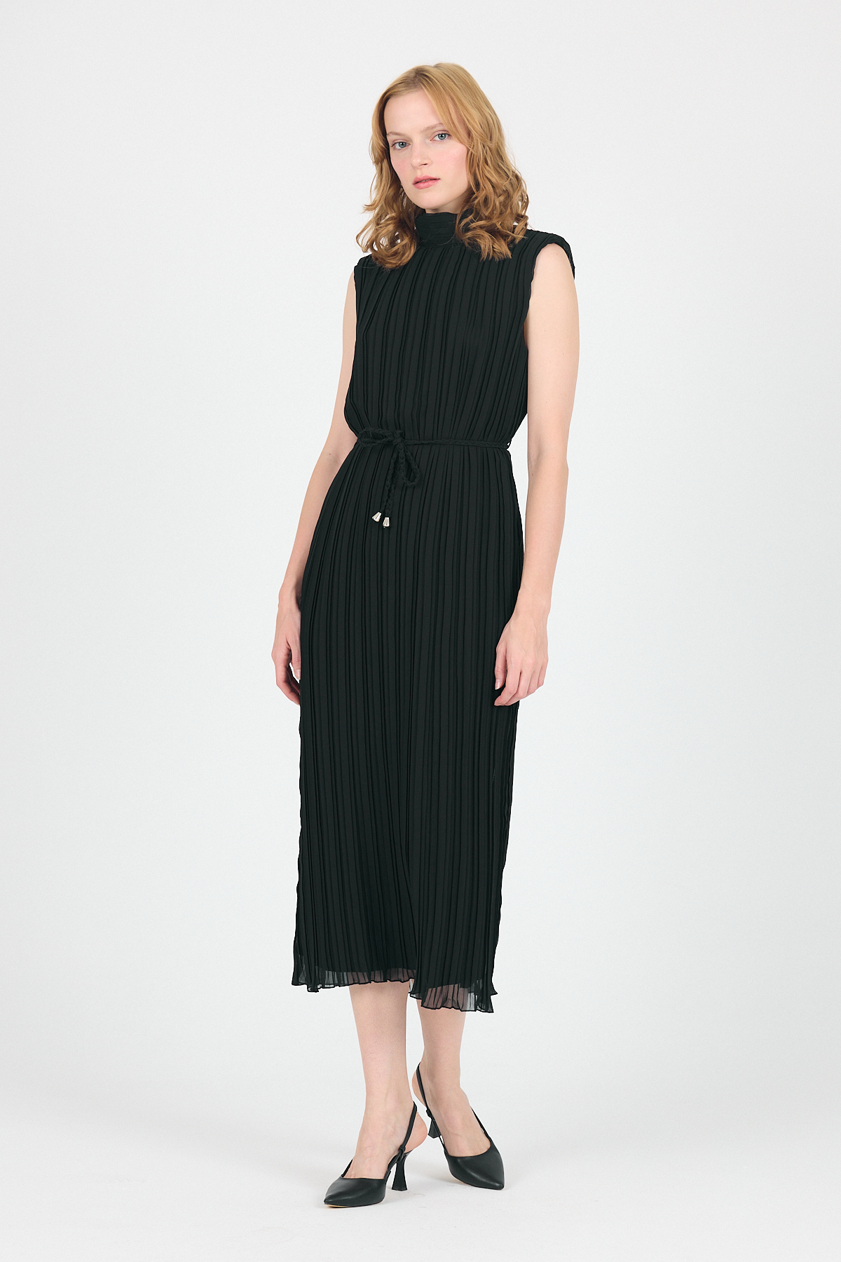 Siyah Şifon Kolsuz Pileli Bel Bağlamalı Midi Elbise 118 - 7