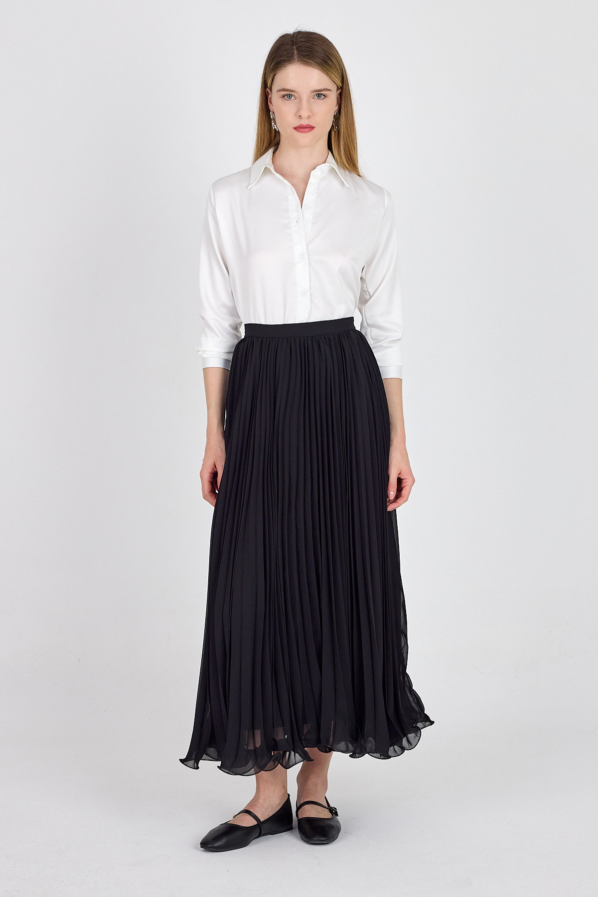 Siyah Şifon Piliseli Yüksek Bel Maxi Etek 1003 - RAYS