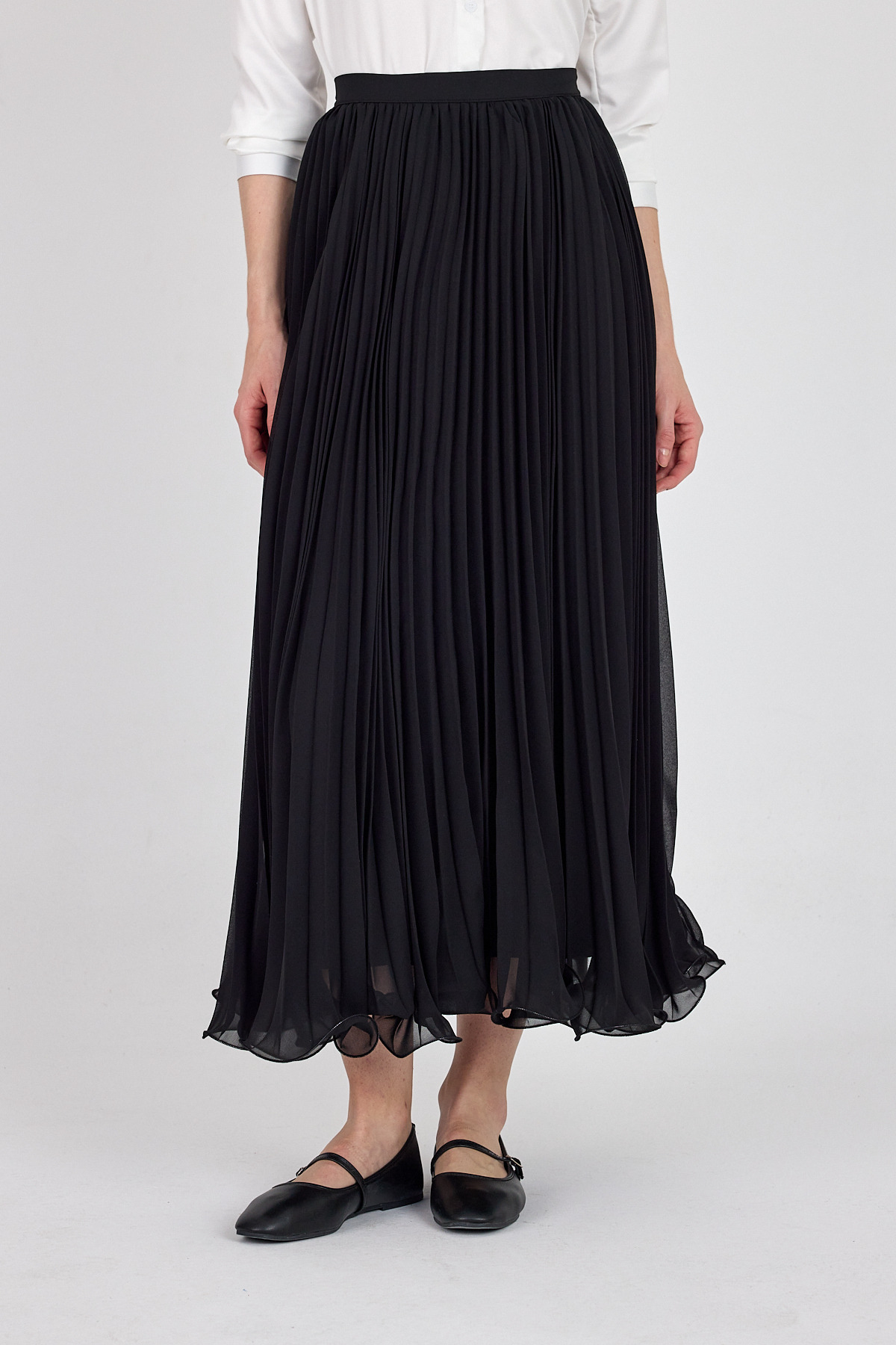 Siyah Şifon Piliseli Yüksek Bel Maxi Etek 1003 - RAYS