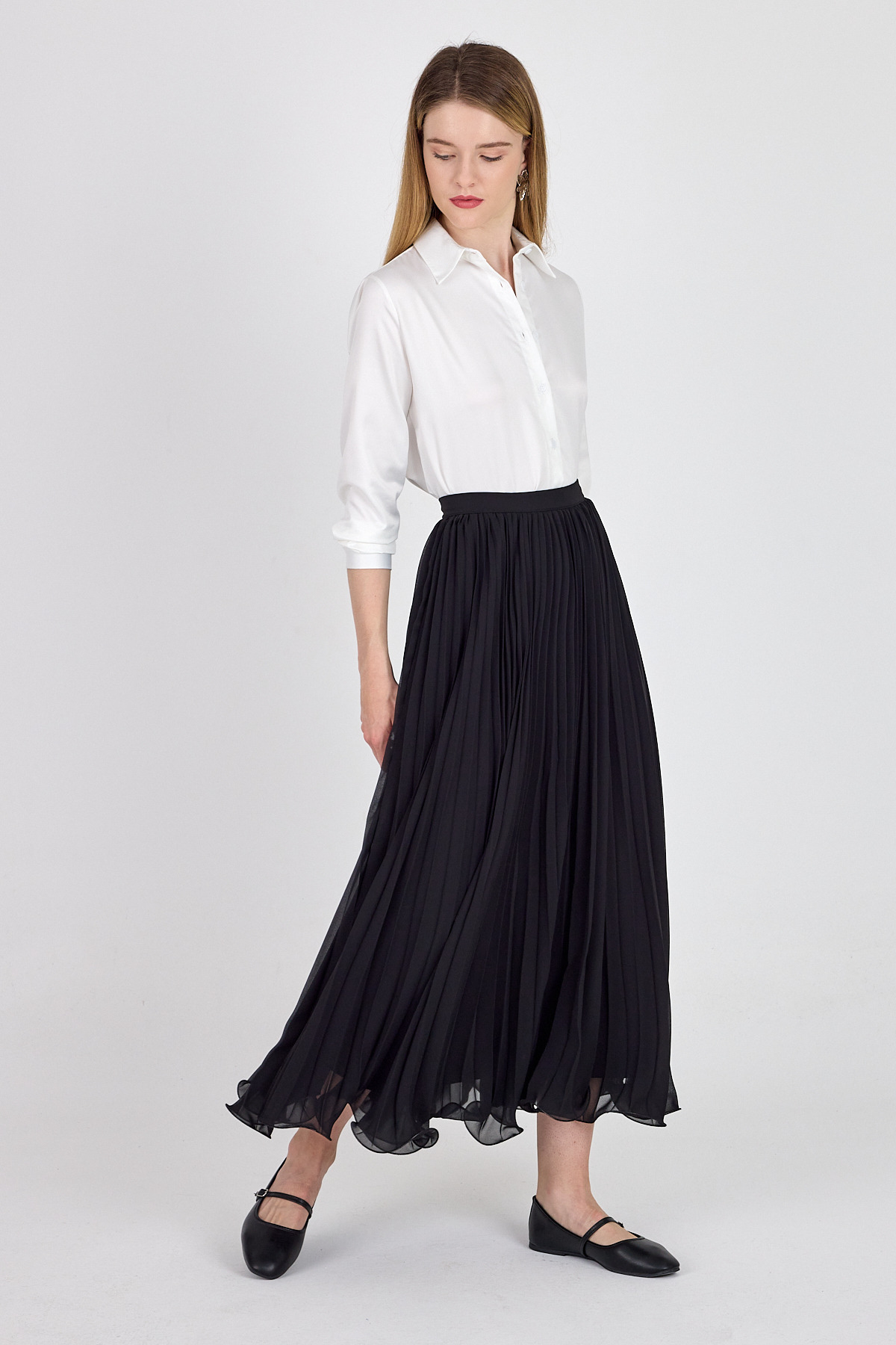 Siyah Şifon Piliseli Yüksek Bel Maxi Etek 1003 - 1