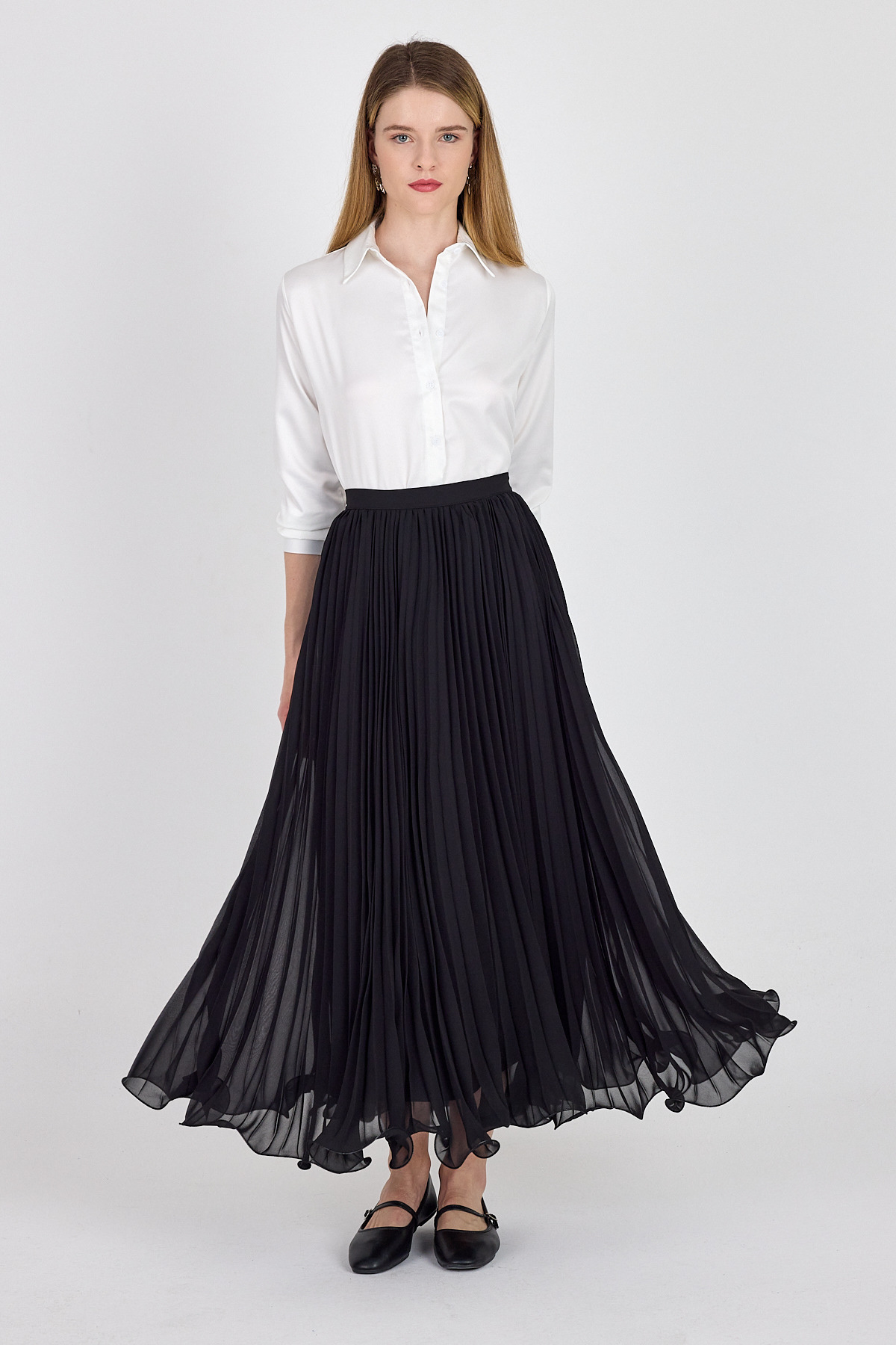 Siyah Şifon Piliseli Yüksek Bel Maxi Etek 1003 - 6