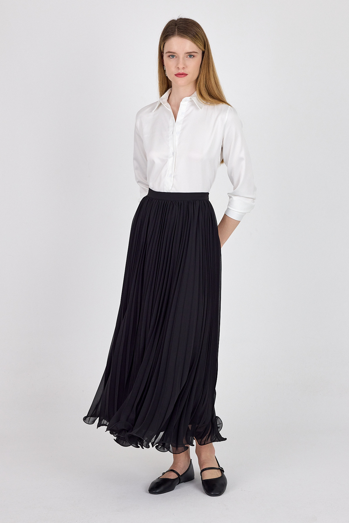 Siyah Şifon Piliseli Yüksek Bel Maxi Etek 1003 - 7