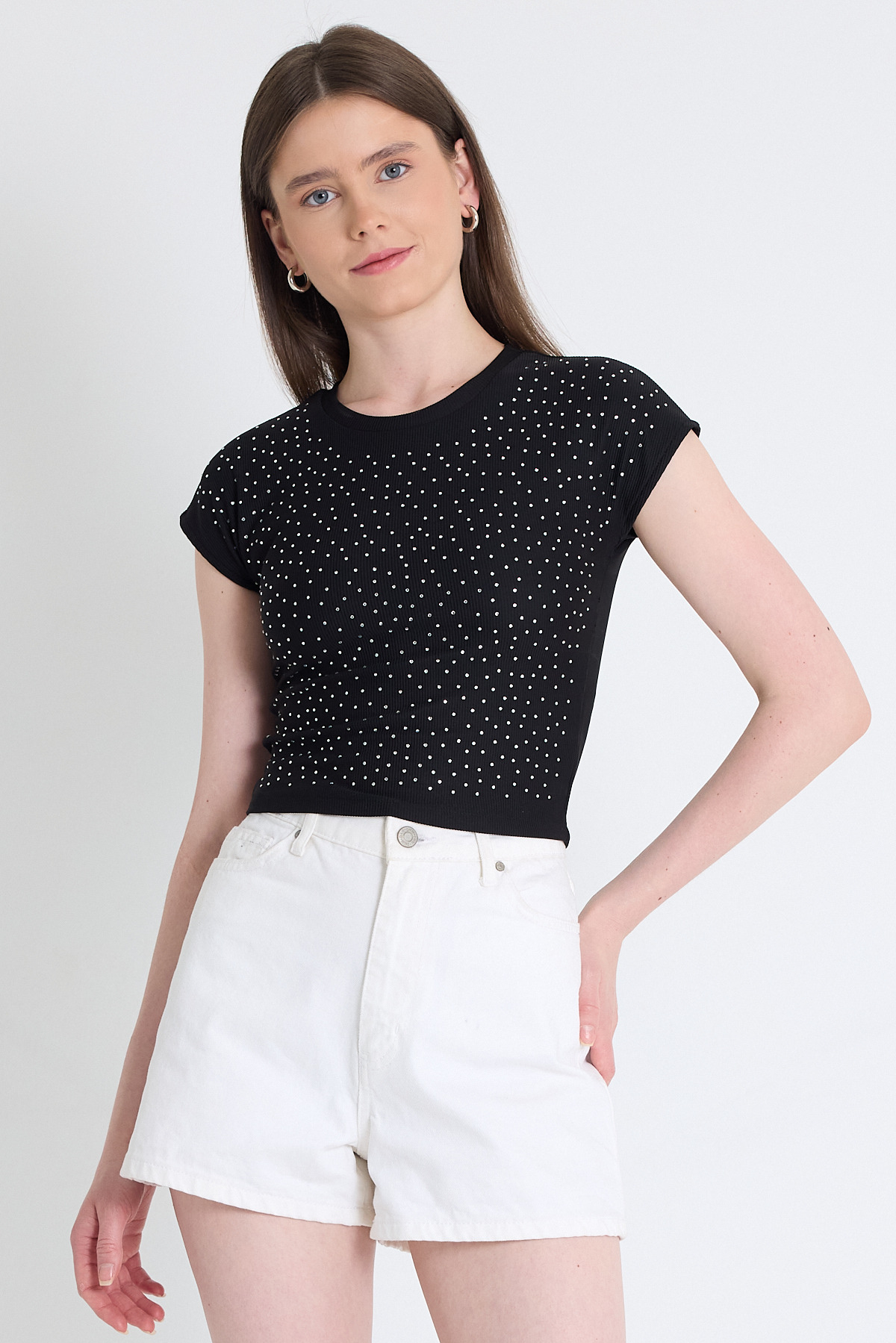 Siyah Taş Detaylı Slim Fit Crop Tişört 9207M - 1