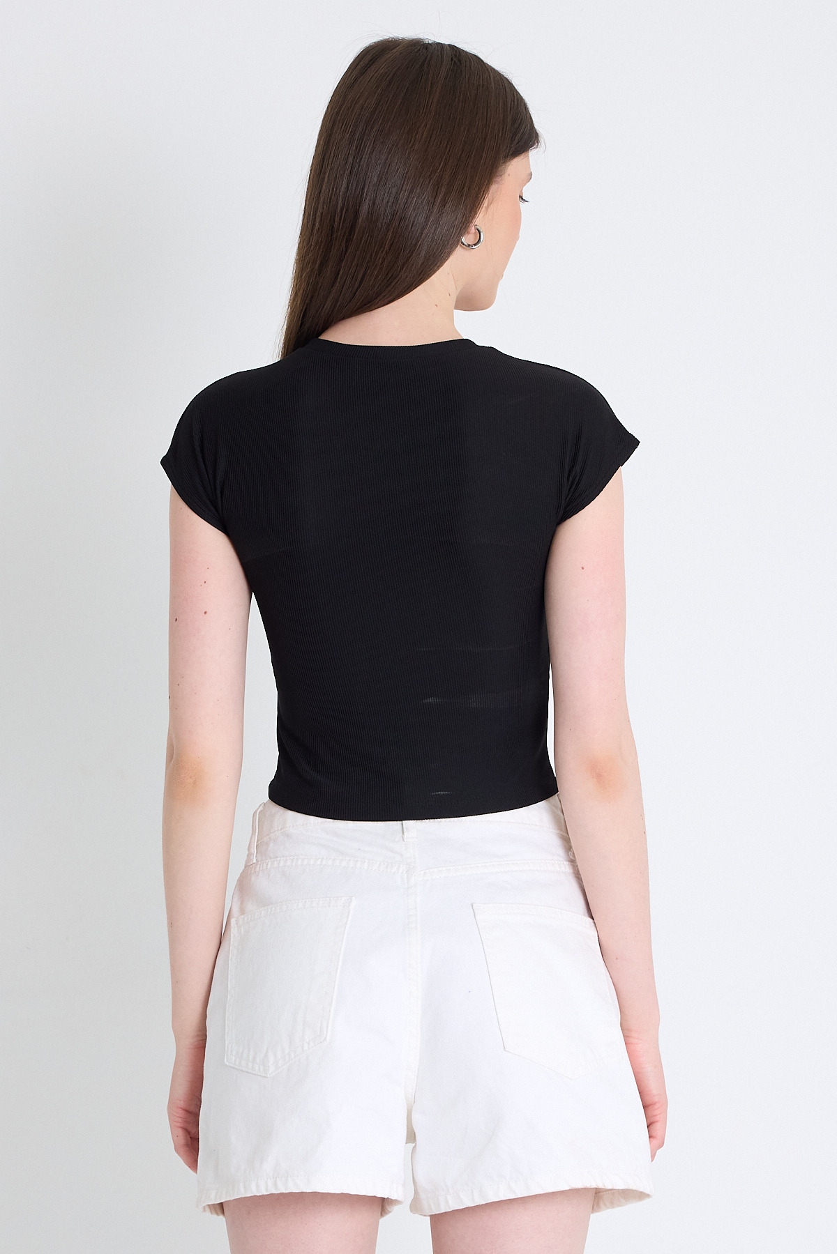 Siyah Taş Detaylı Slim Fit Crop Tişört 9207M - 5