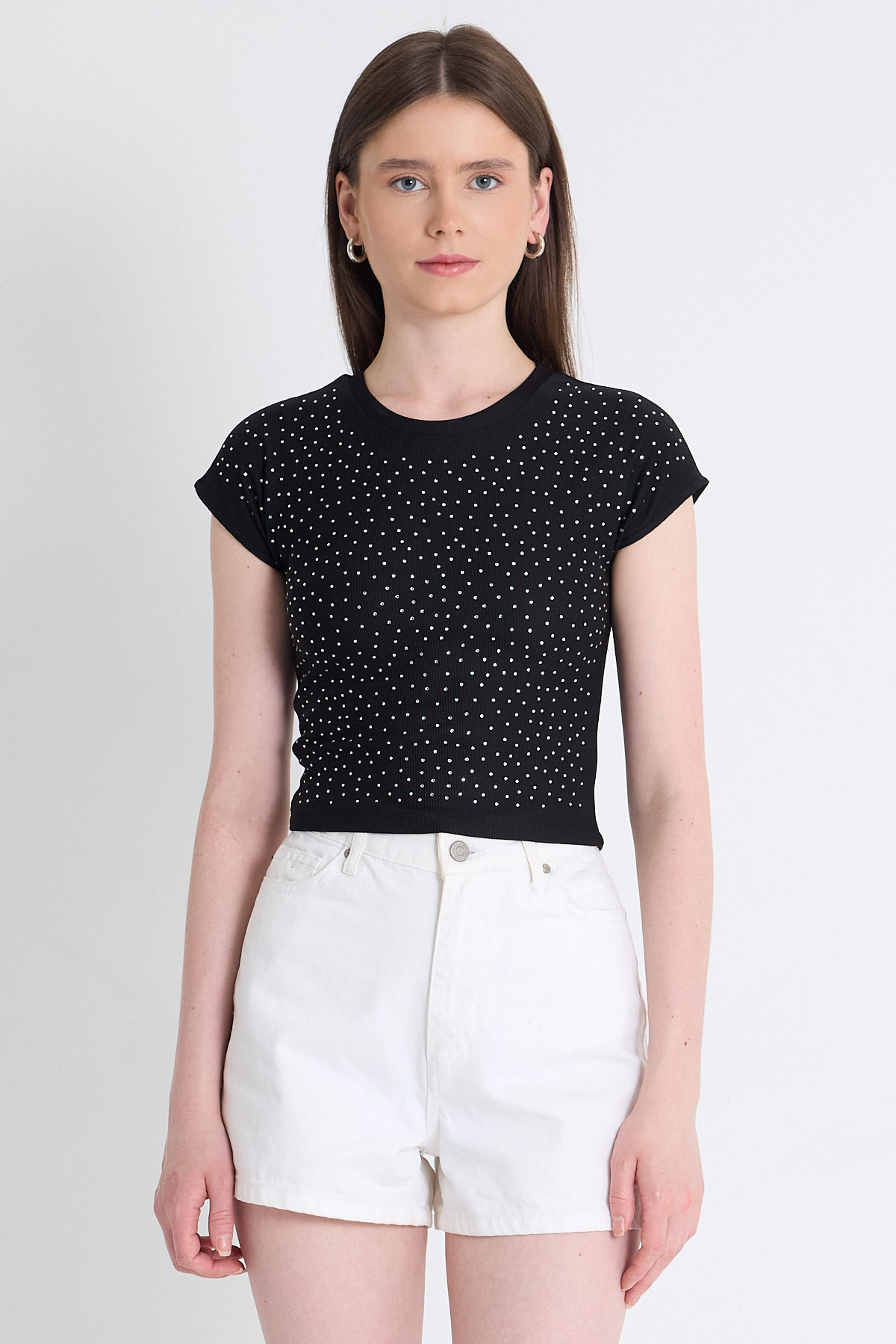 Siyah Taş Detaylı Slim Fit Crop Tişört 9207M - 2