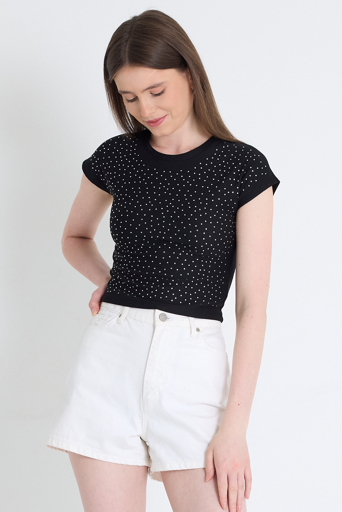 Siyah Taş Detaylı Slim Fit Crop Tişört 9207M - 3