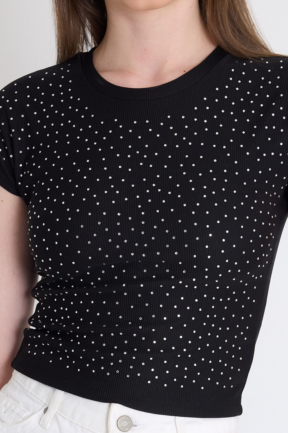 Siyah Taş Detaylı Slim Fit Crop Tişört 9207M - 4