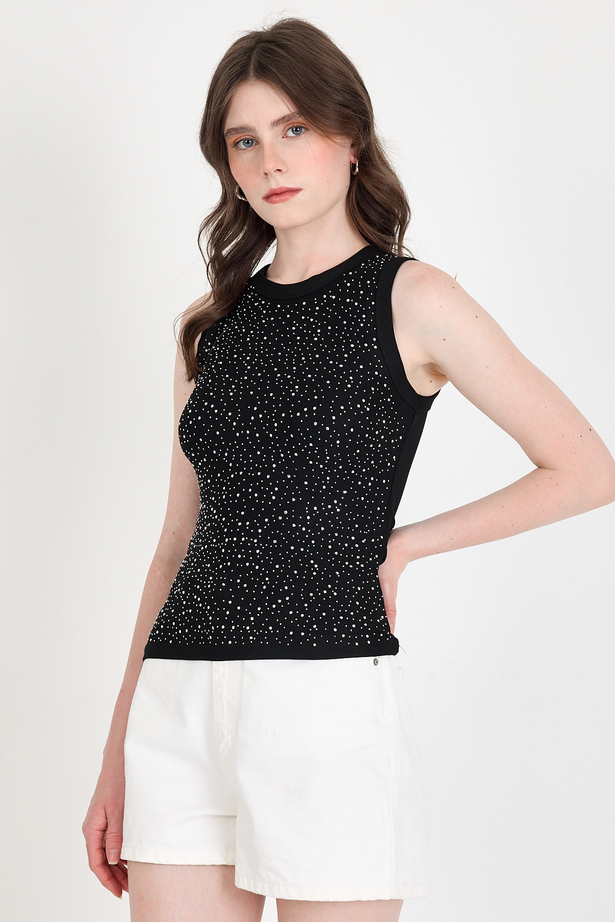 Siyah Taş İşleme Detaylı Halter Yaka Örme Atlet 0349 - 2