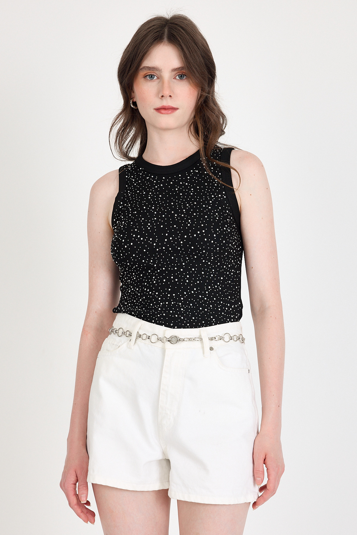 Siyah Taş İşleme Detaylı Halter Yaka Örme Atlet 0349 