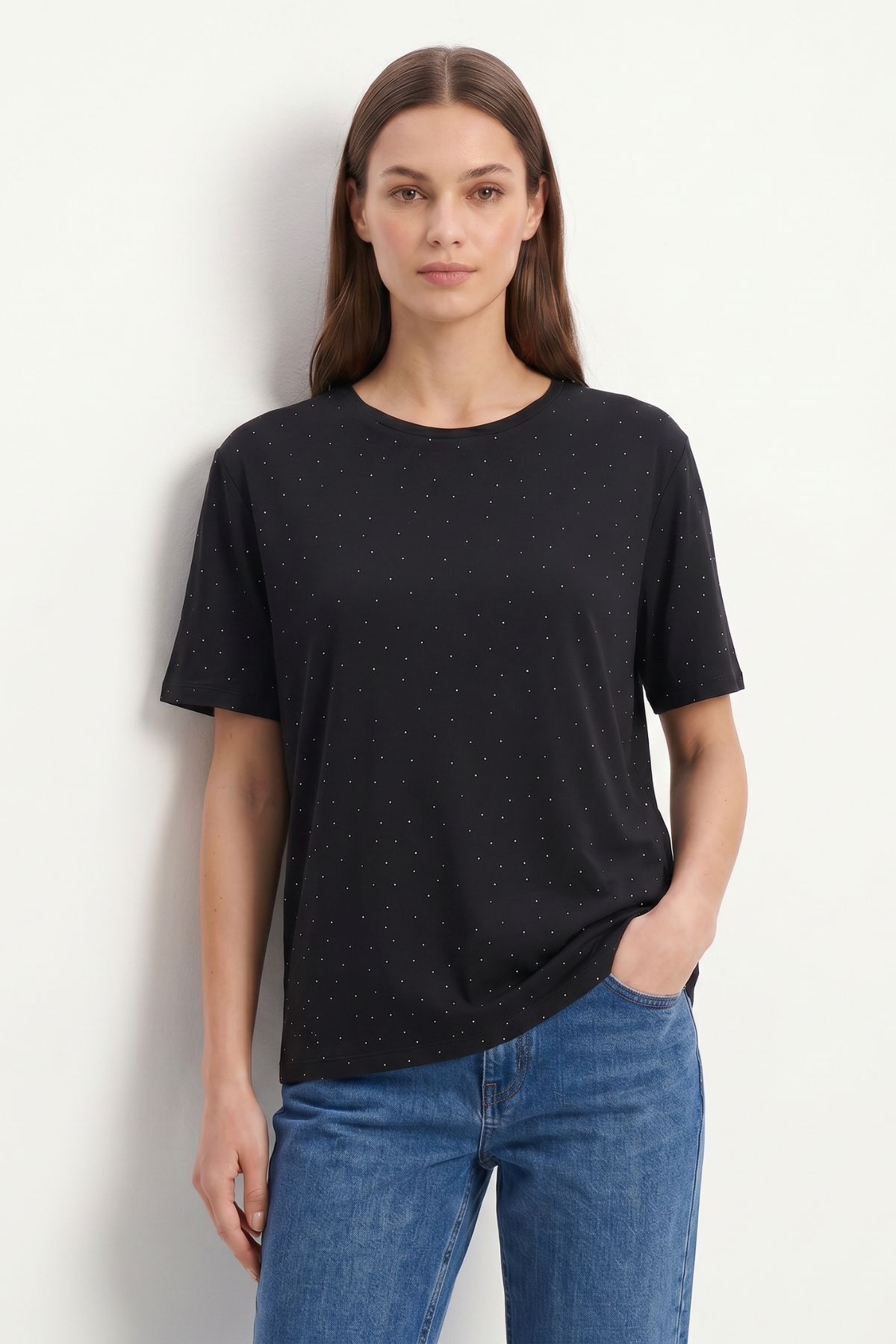 Siyah Taşlı Bisiklet Yaka Tişört 1762 - 1