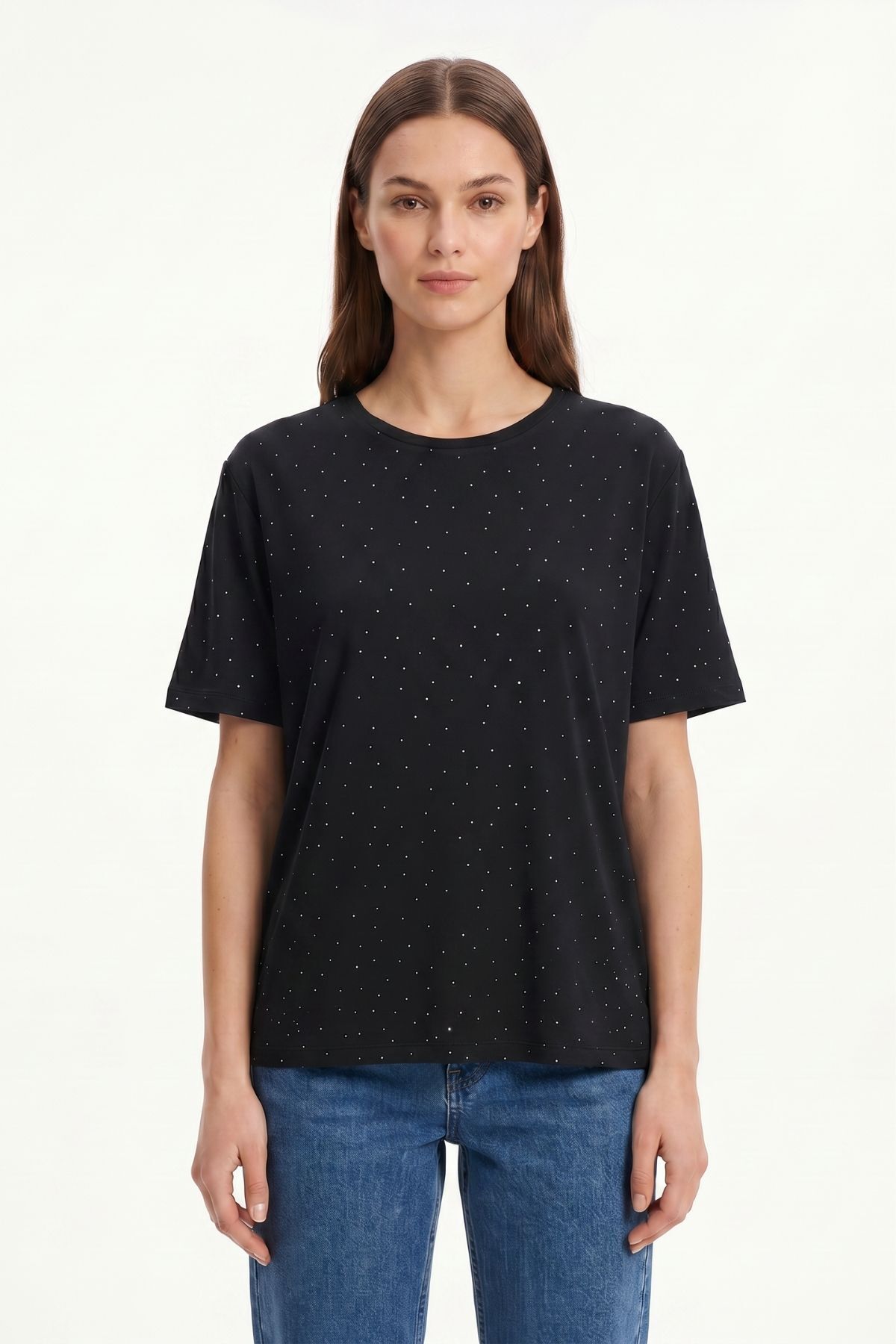 Siyah Taşlı Bisiklet Yaka Tişört 1762 - 2