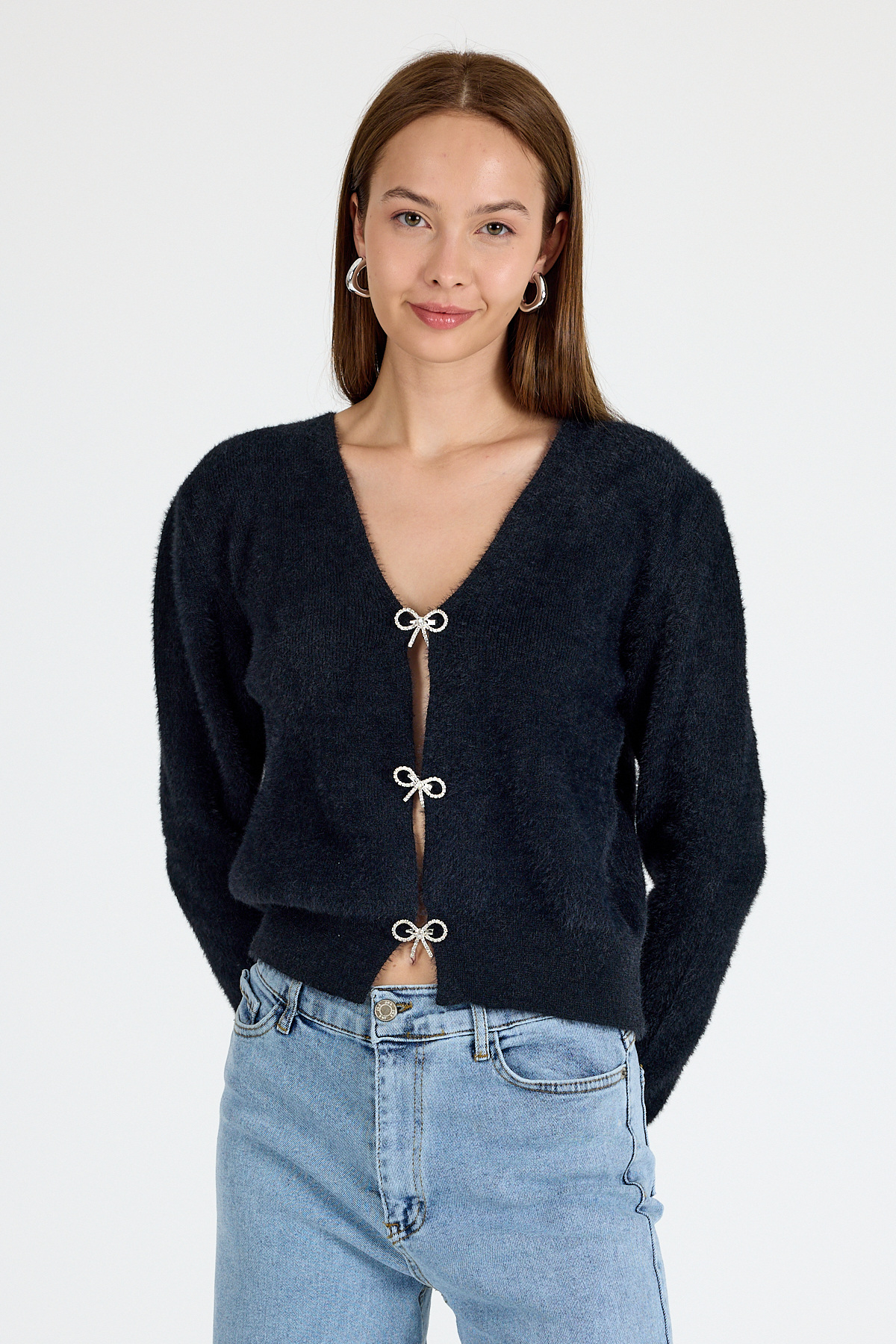 Siyah Taşlı Fiyonk Düğmeli Kadın Triko Hırka 6803 - RAYS