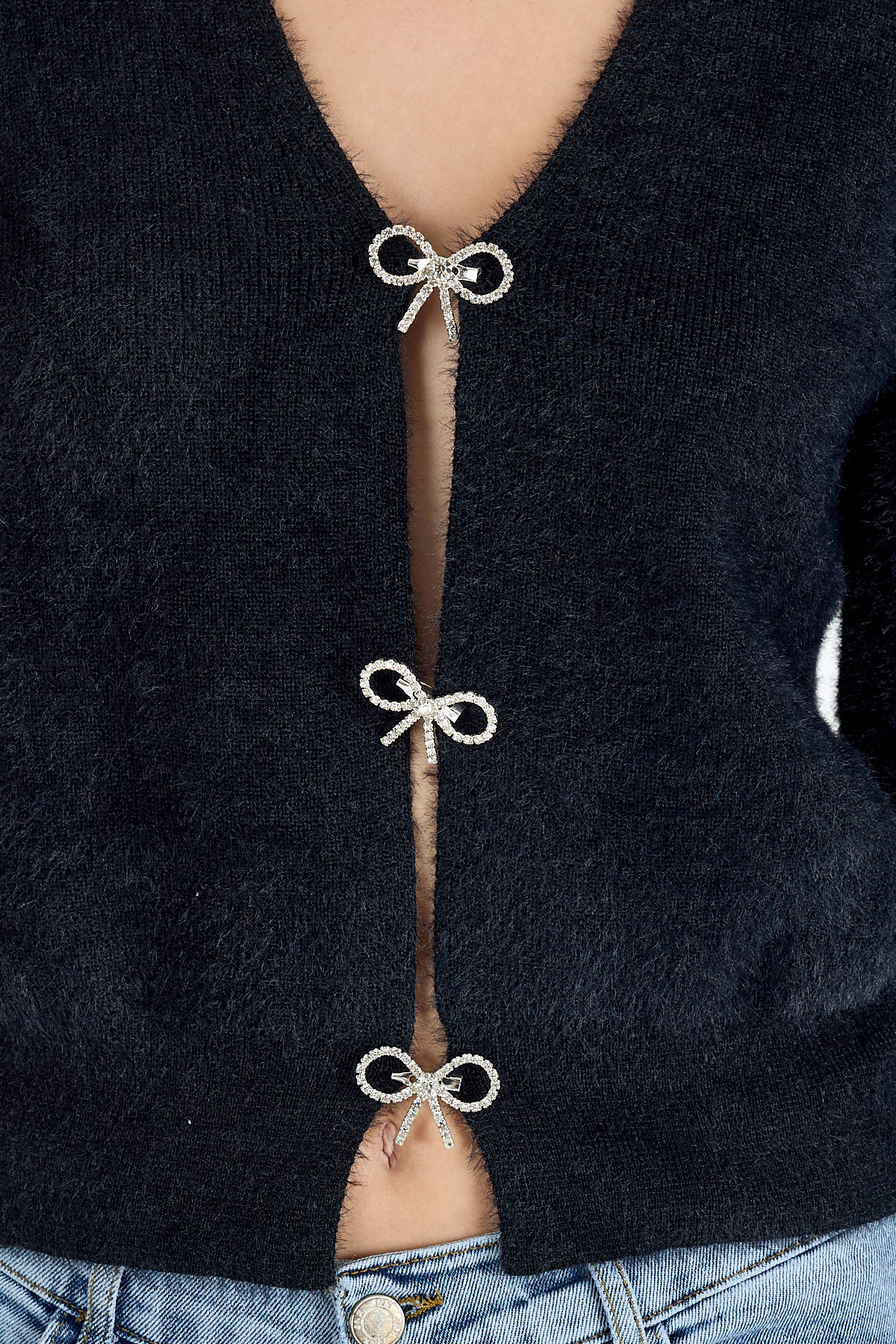 Siyah Taşlı Fiyonk Düğmeli Kadın Triko Hırka 6803 - 4