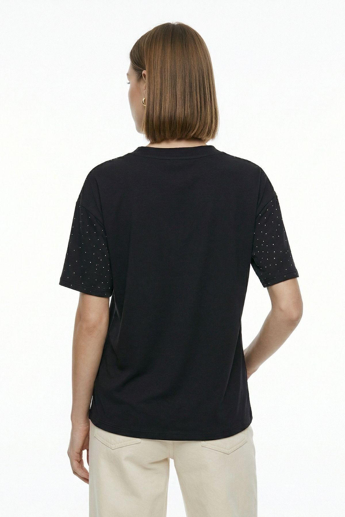 Siyah Taşlı V Yaka Kısa Kol Tişört 1761 - 3