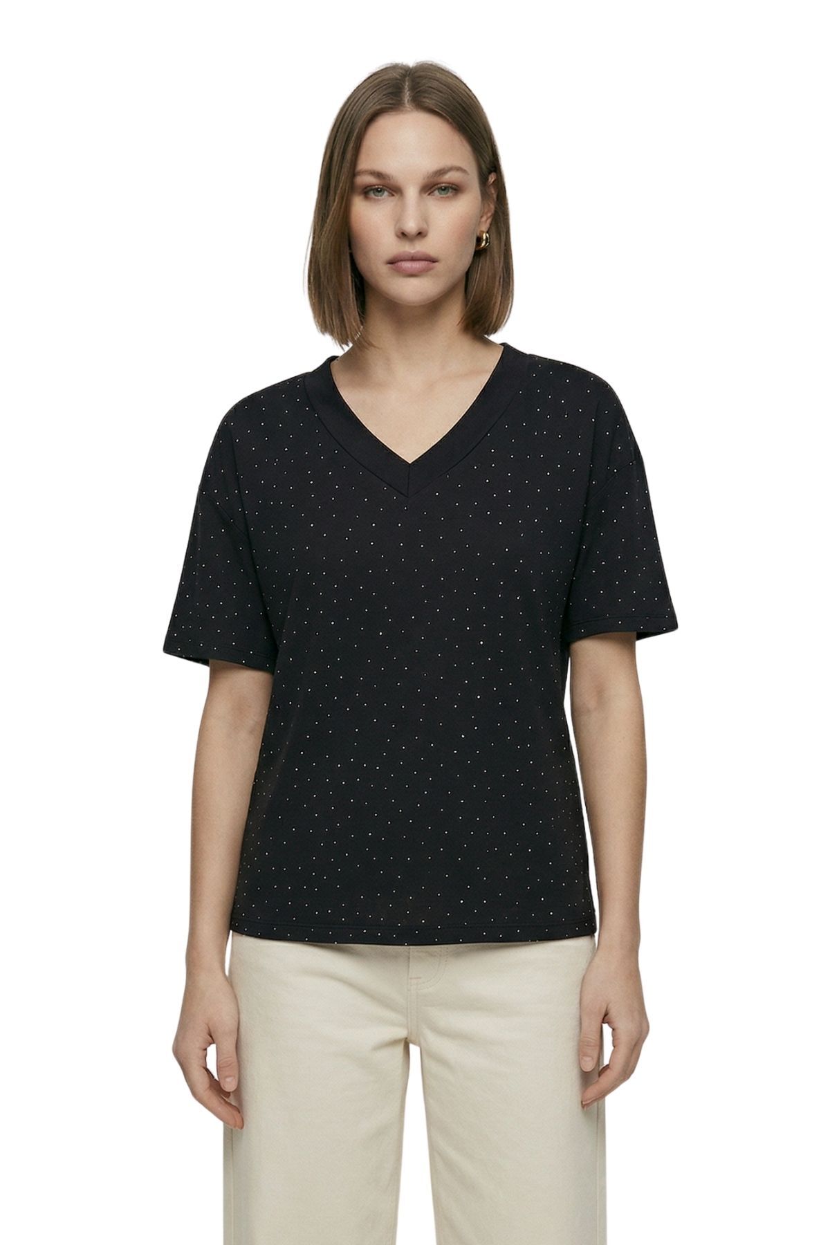 Siyah Taşlı V Yaka Kısa Kol Tişört 1761 - RAYS (1)