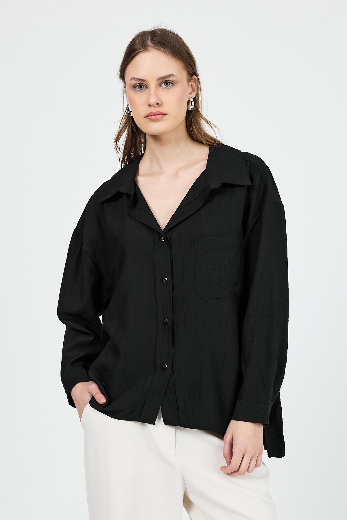 Siyah Tek Cep Detaylı Dokuma Gömlek 4641A - RAYS