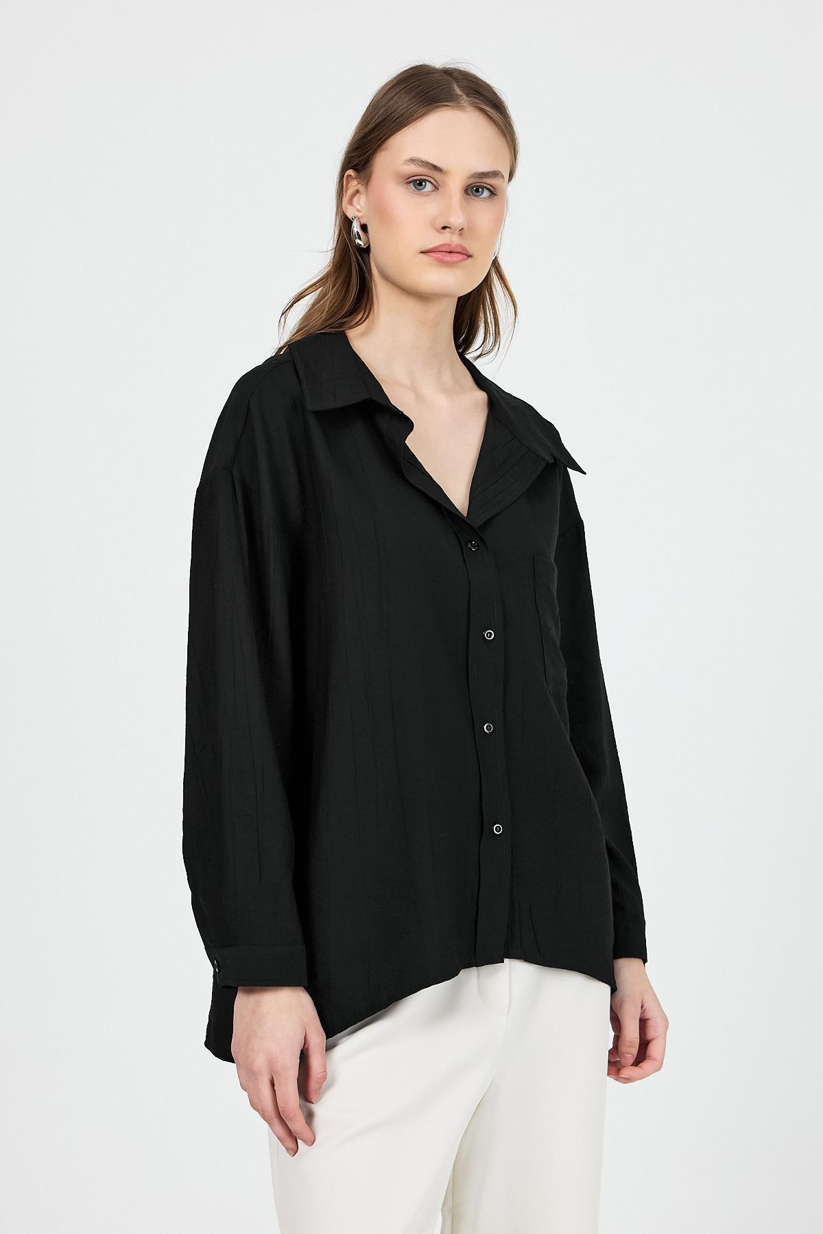 Siyah Tek Cep Detaylı Dokuma Gömlek 4641A - 3