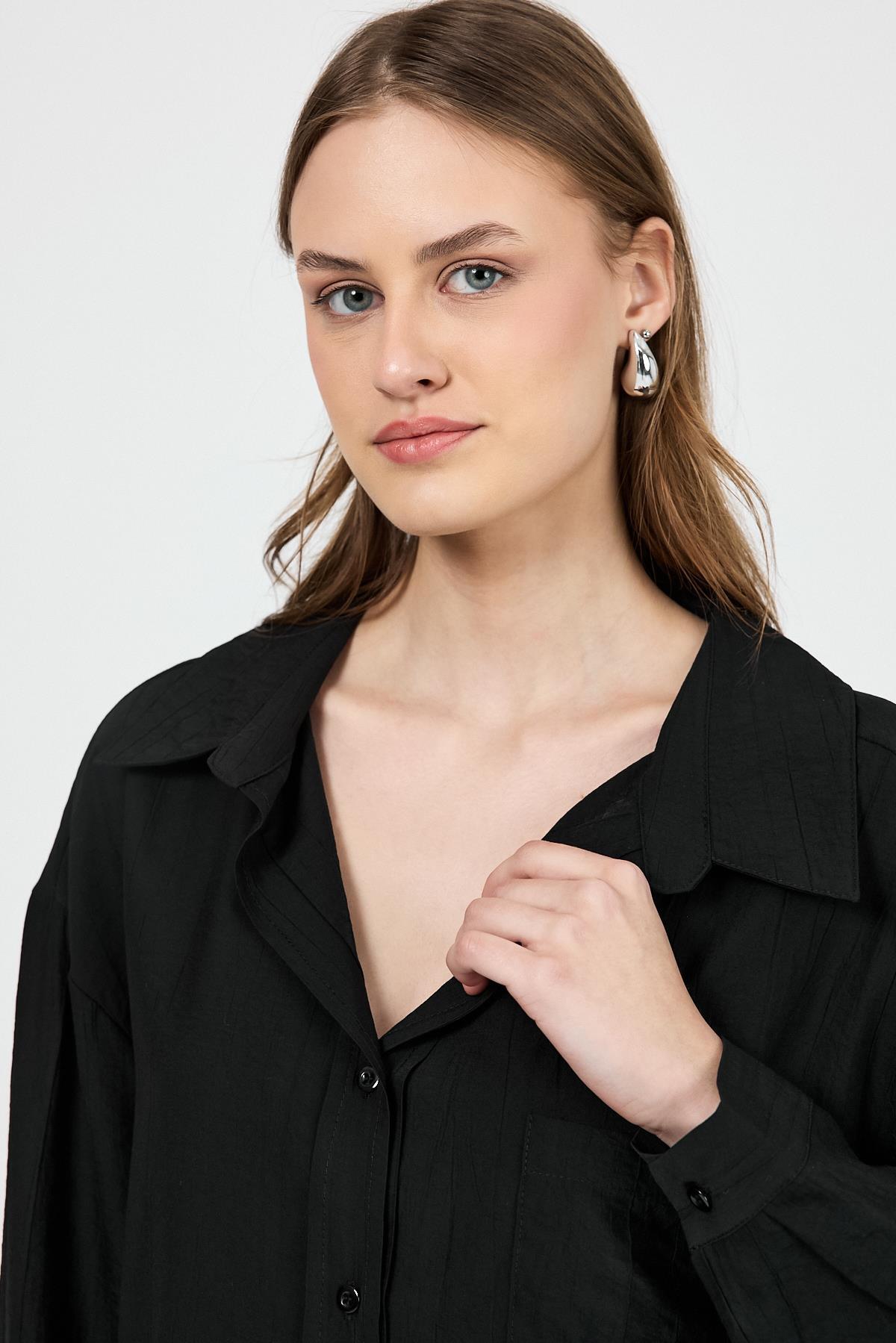 Siyah Tek Cep Detaylı Dokuma Gömlek 4641A - RAYS