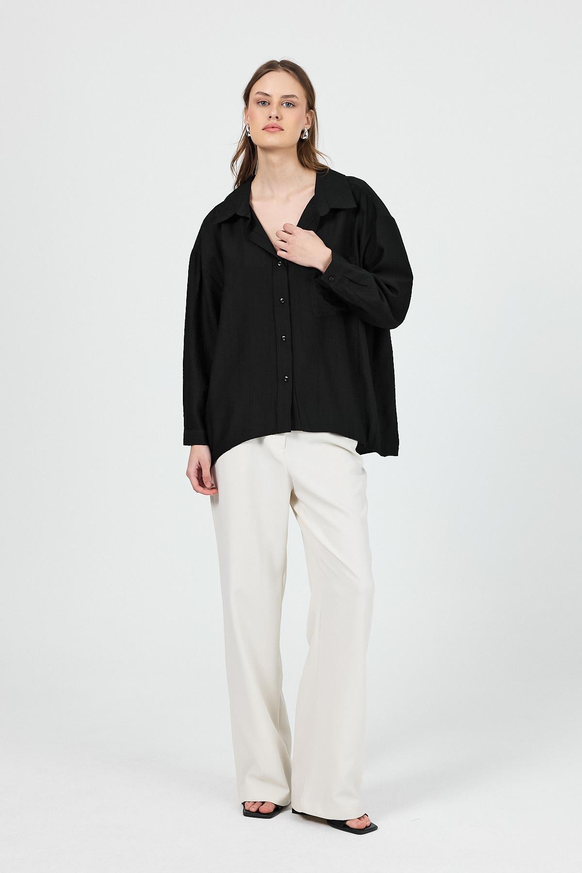 Siyah Tek Cep Detaylı Dokuma Gömlek 4641A - 7