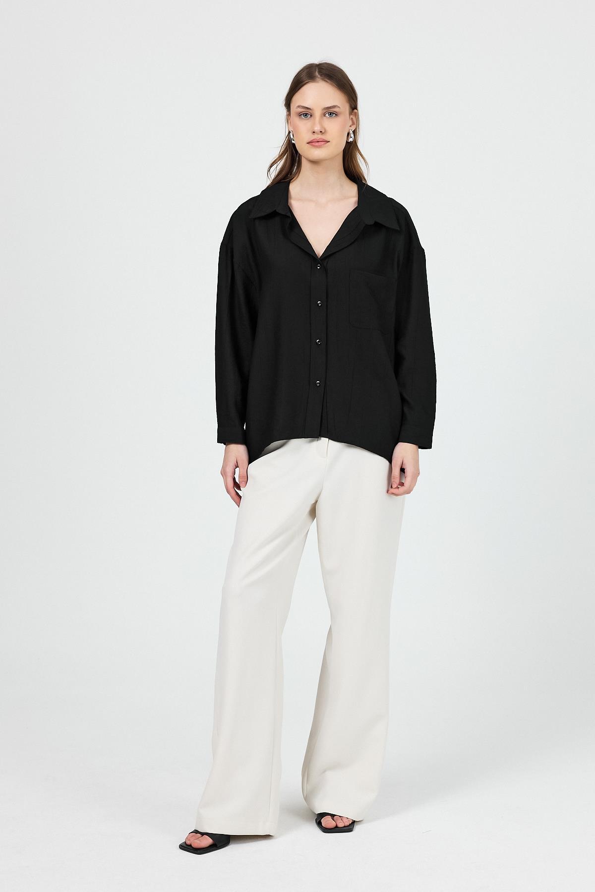 Siyah Tek Cep Detaylı Dokuma Gömlek 4641A - 2