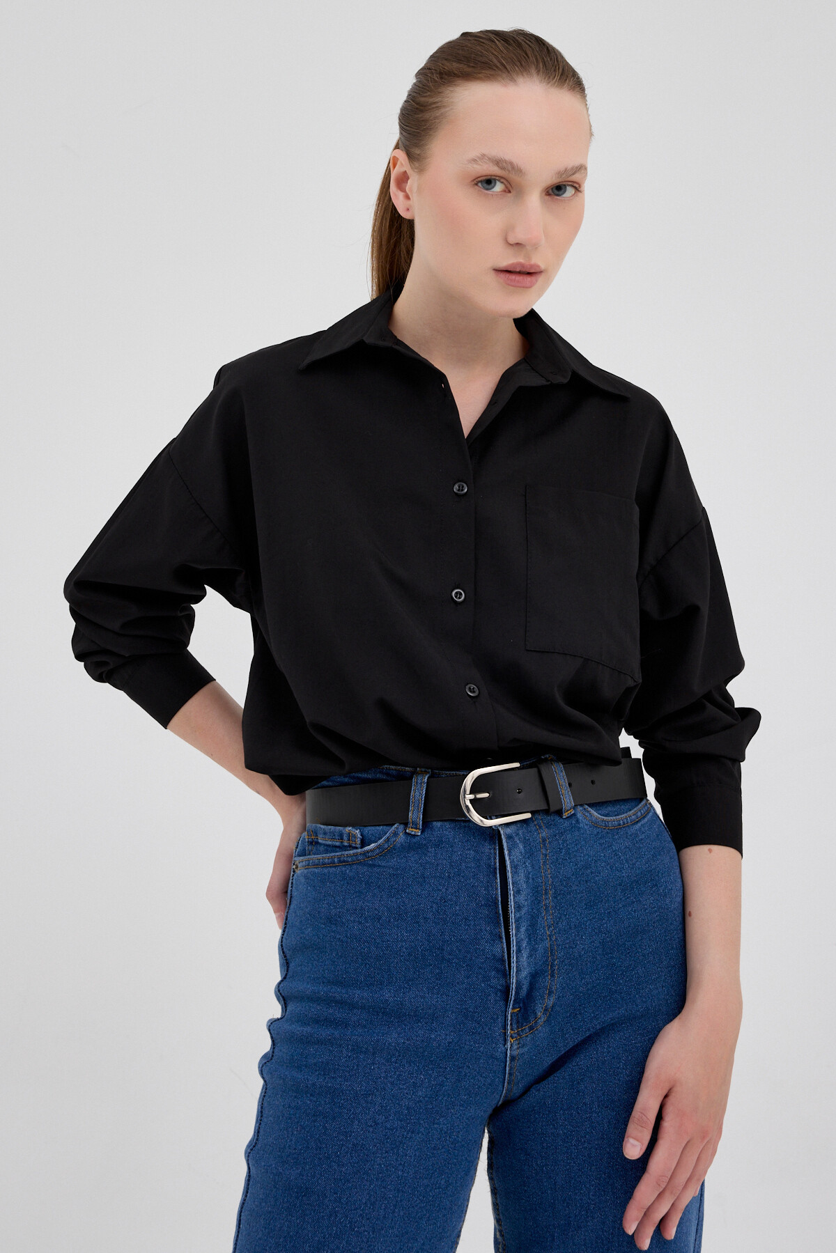 Siyah Tek Cepli Oversize Gömlek 8158A - 6