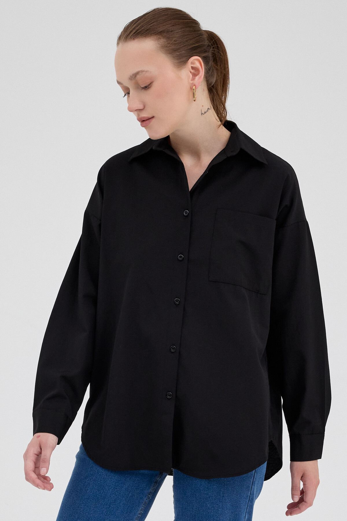Siyah Tek Cepli Oversize Gömlek 8158A - 7