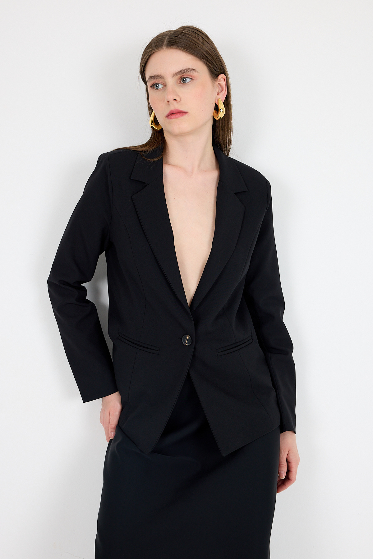 Siyah Tek Düğmeli Klasik Kesim Blazer Ceket 4612A - 6