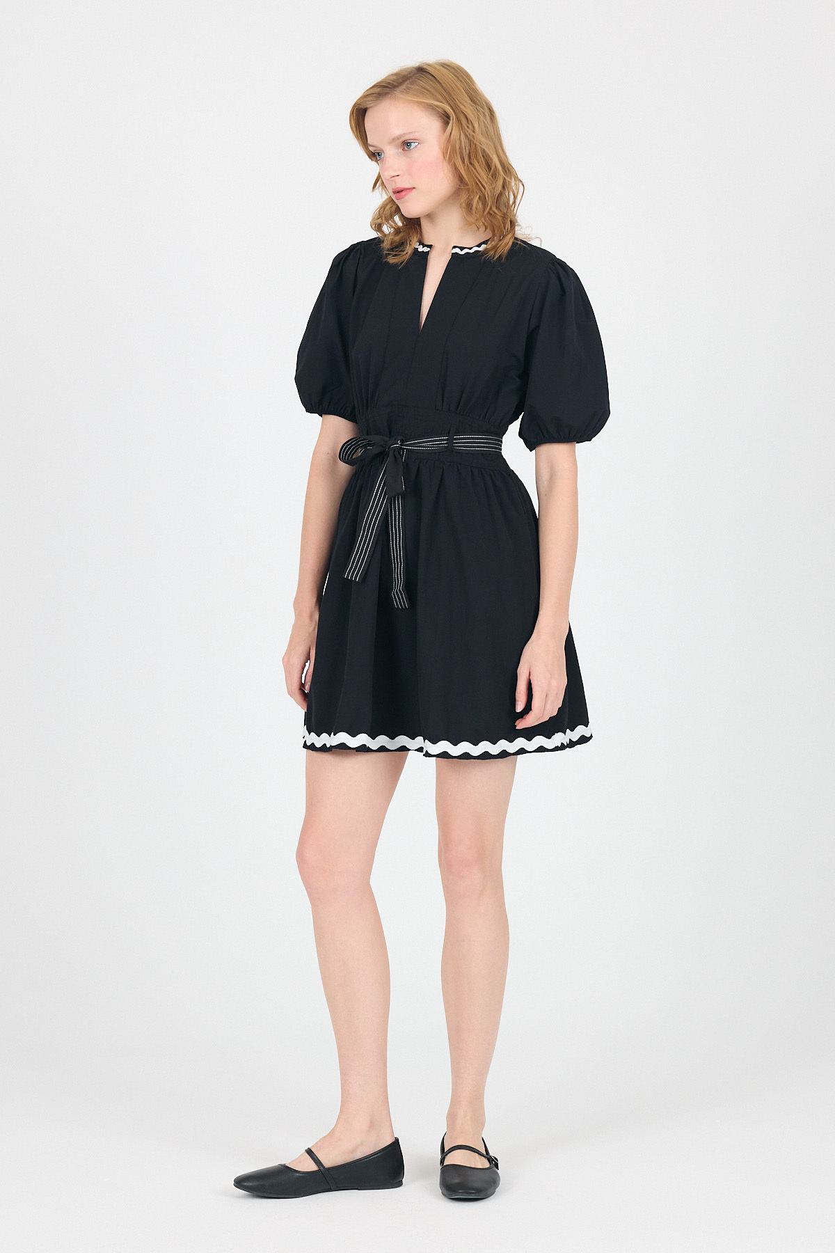 Siyah Terikoton Balon Kollu Bel Bağlamalı Mini Elbise 2617 - RAYS