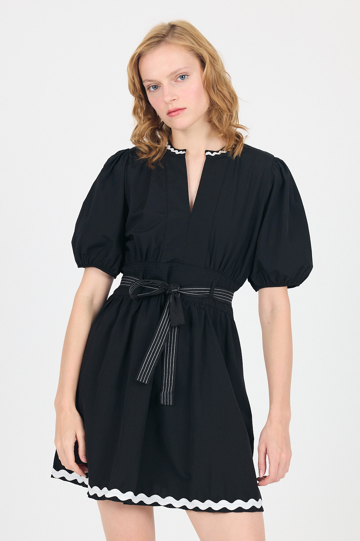 Siyah Terikoton Balon Kollu Bel Bağlamalı Mini Elbise 2617 - RAYS