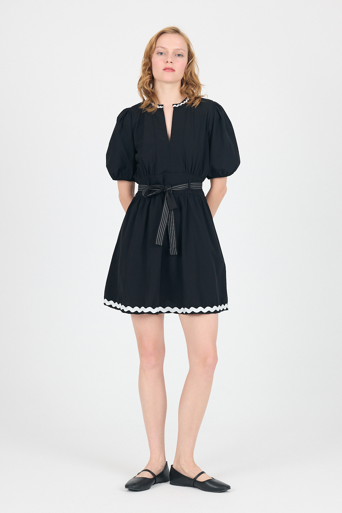 Siyah Terikoton Balon Kollu Bel Bağlamalı Mini Elbise 2617 - 1