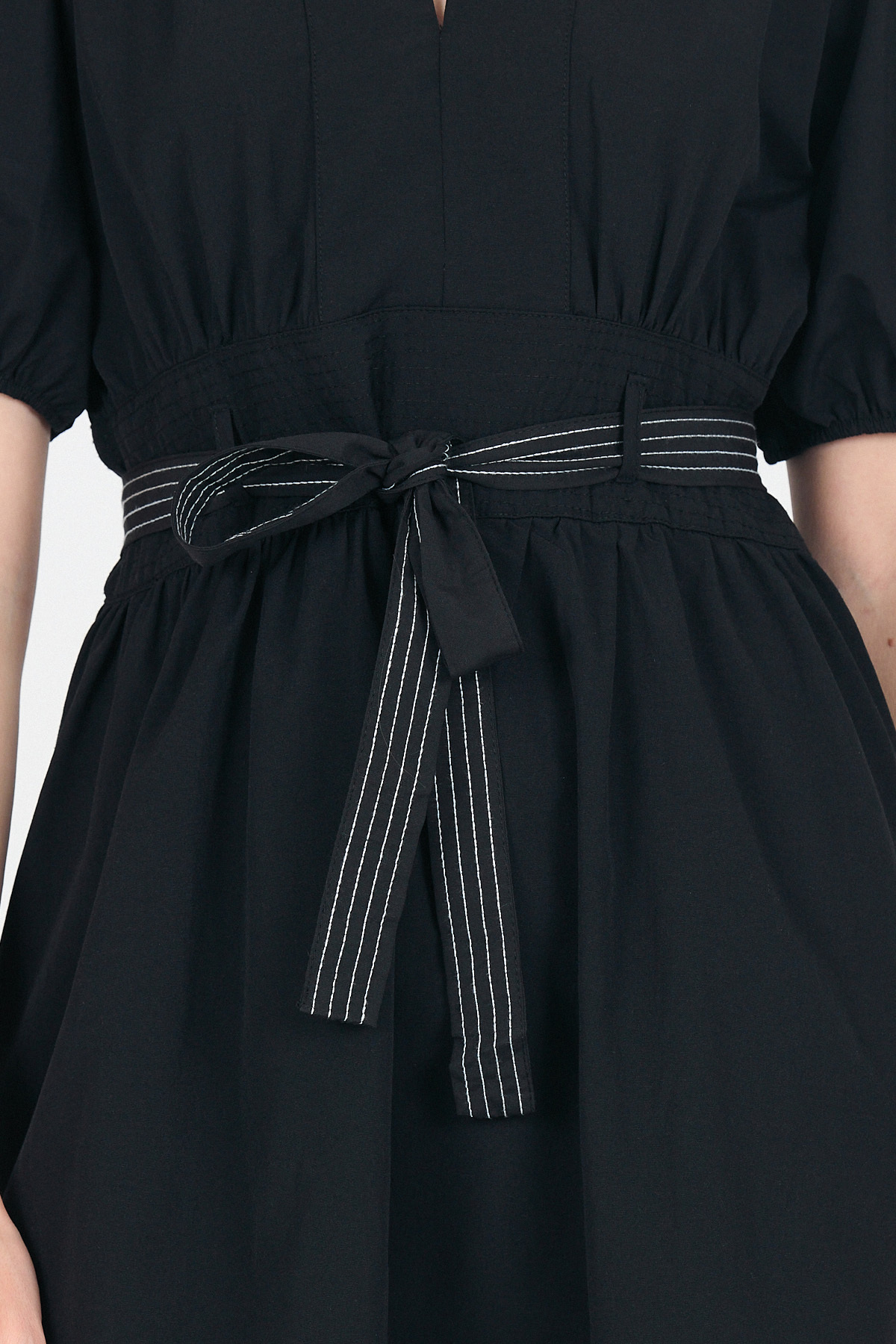 Siyah Terikoton Balon Kollu Bel Bağlamalı Mini Elbise 2617 - 4