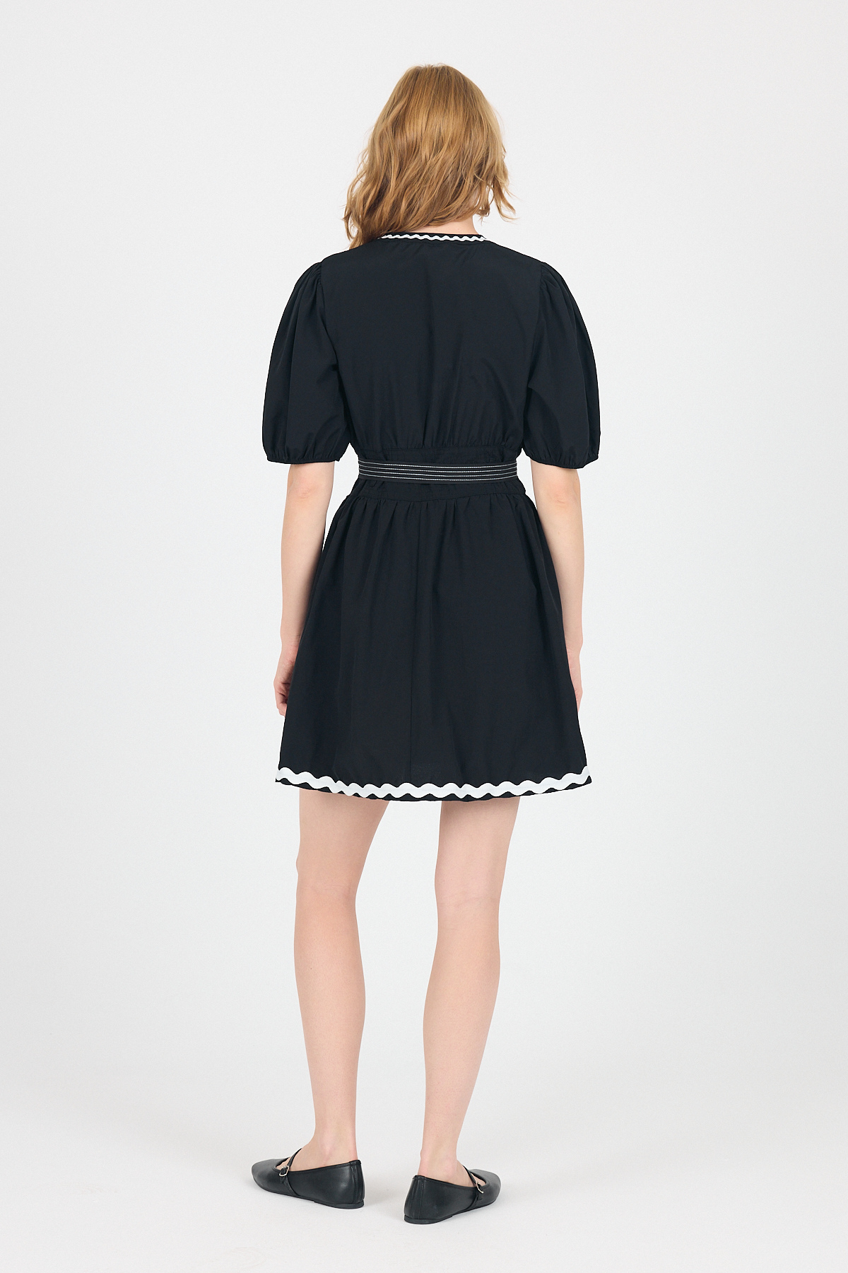 Siyah Terikoton Balon Kollu Bel Bağlamalı Mini Elbise 2617 - 5