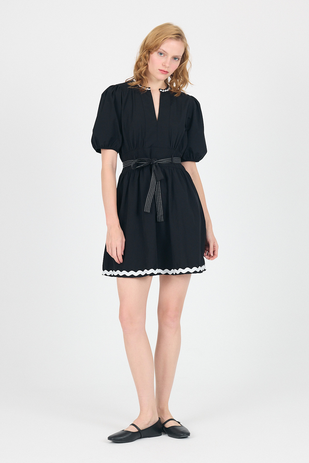 Siyah Terikoton Balon Kollu Bel Bağlamalı Mini Elbise 2617 - 6