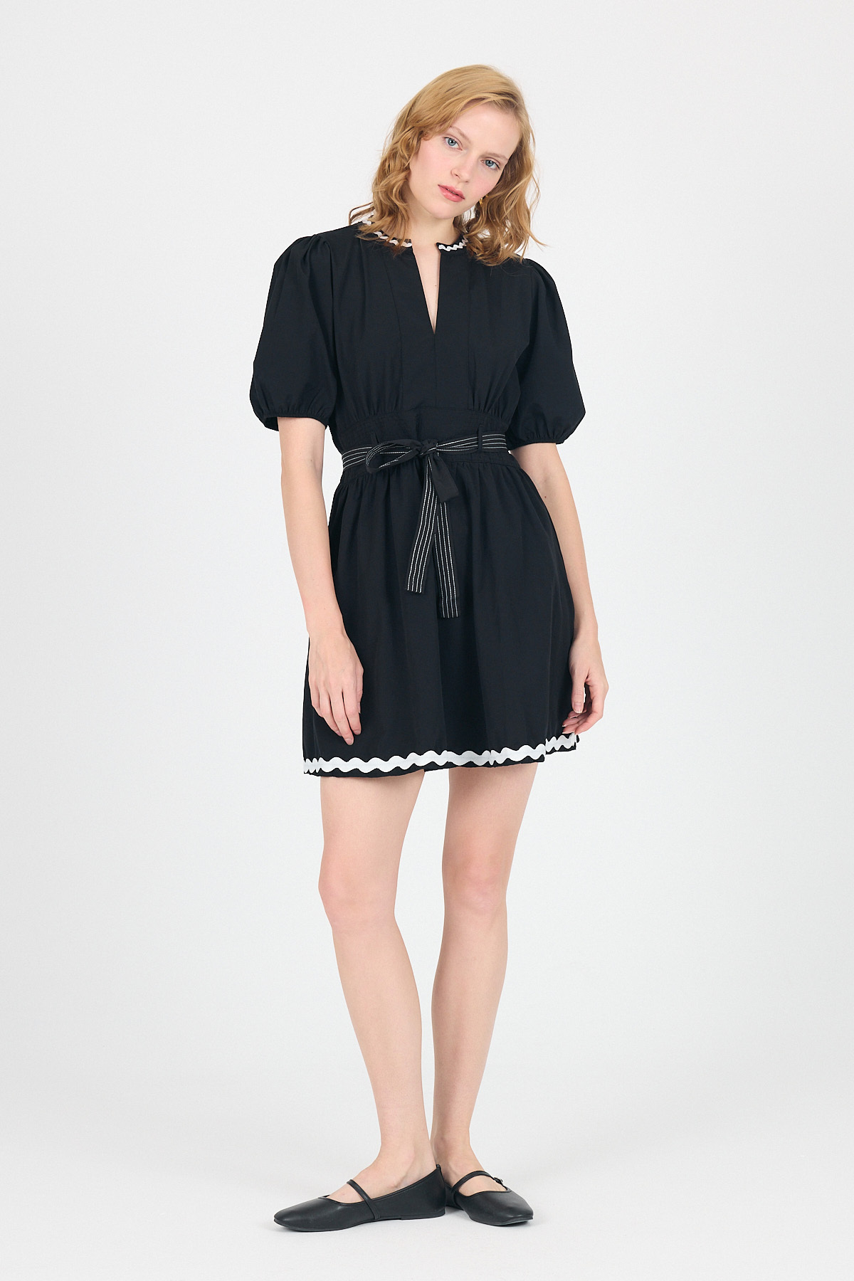 Siyah Terikoton Balon Kollu Bel Bağlamalı Mini Elbise 2617 - 7