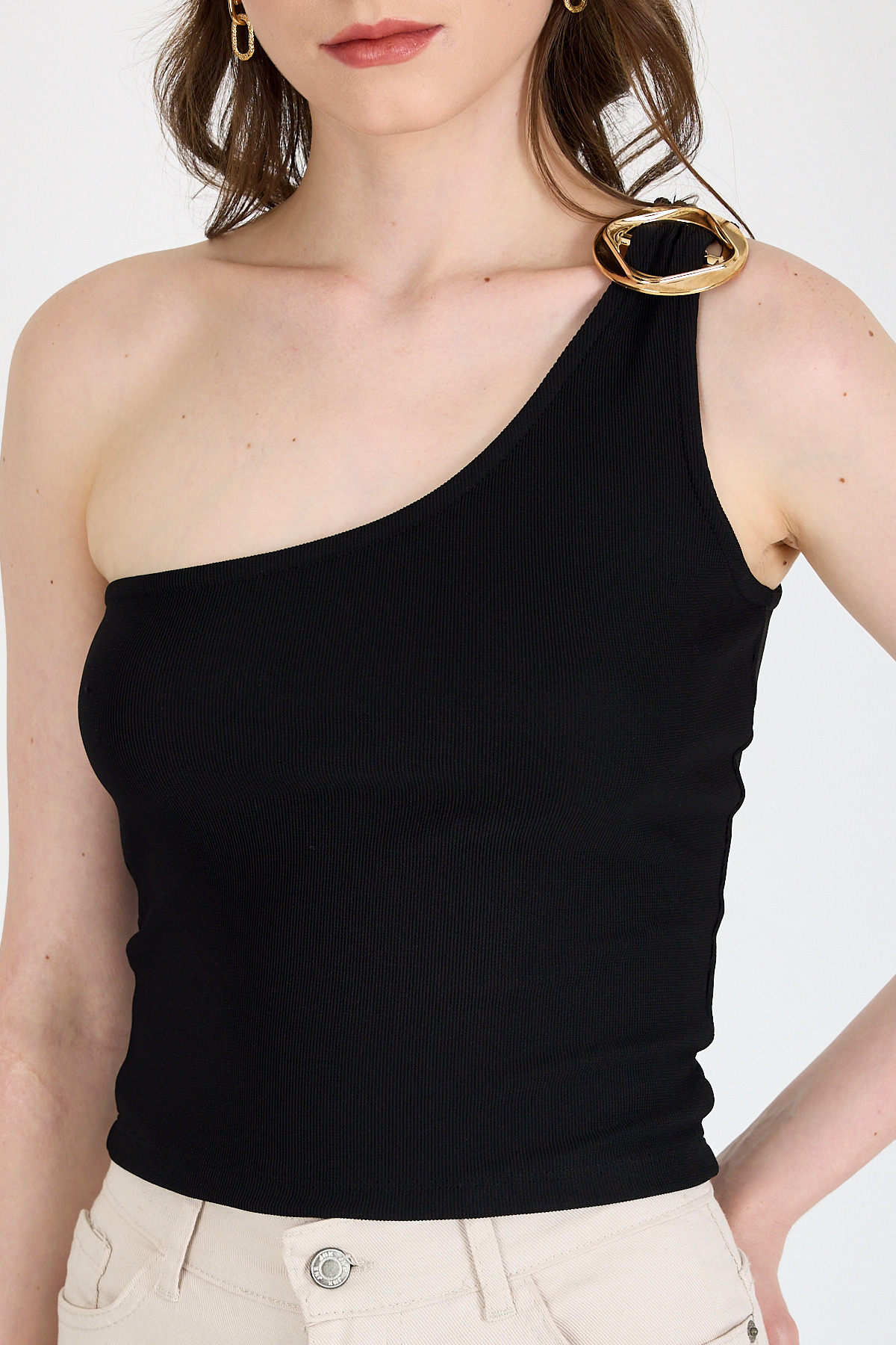 Siyah Toka Detaylı Tek Omuz Bluz 1649 - 4