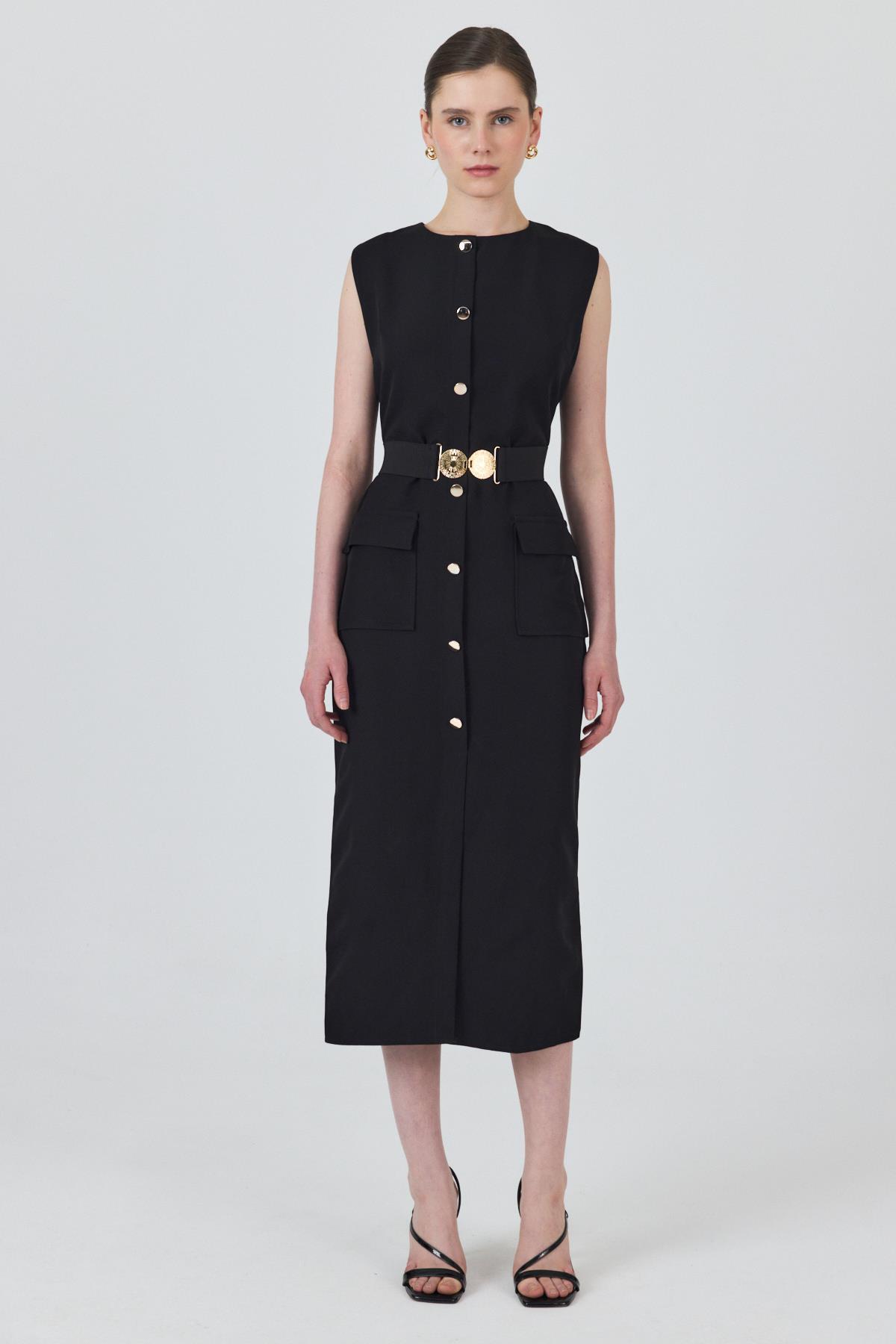 Siyah Tokalı Kemer Ve Düğme Detaylı Kolsuz Elbise 251653 - 2