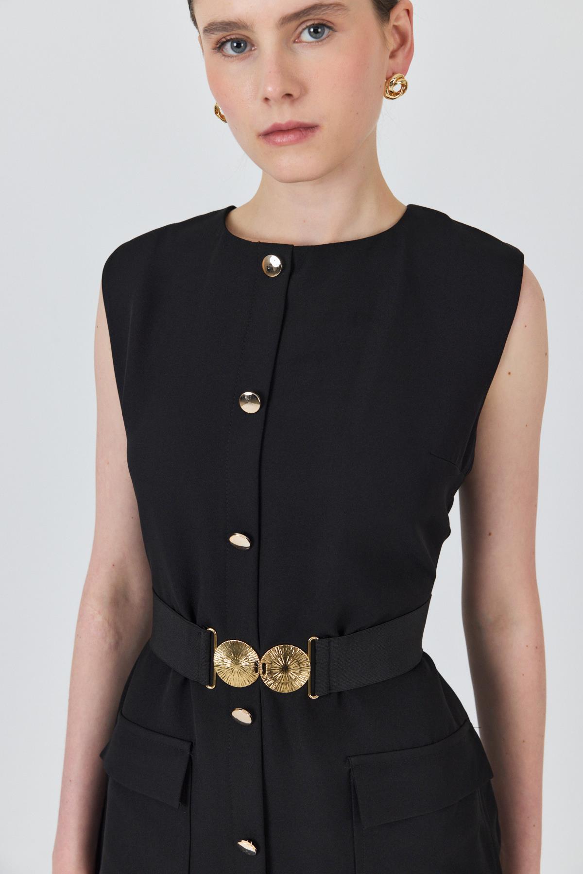 Siyah Tokalı Kemer Ve Düğme Detaylı Kolsuz Elbise 251653 - 4