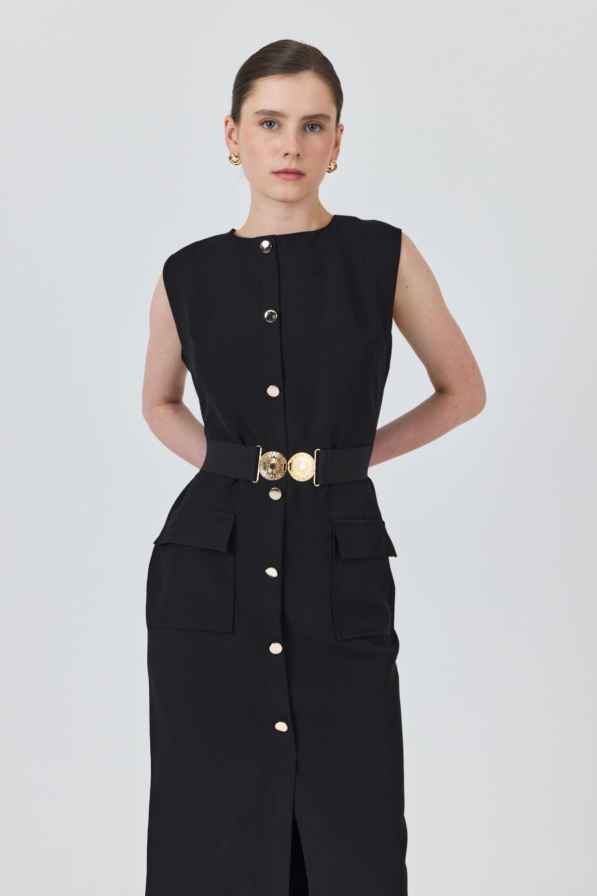 Siyah Tokalı Kemer Ve Düğme Detaylı Kolsuz Elbise 251653 - 3