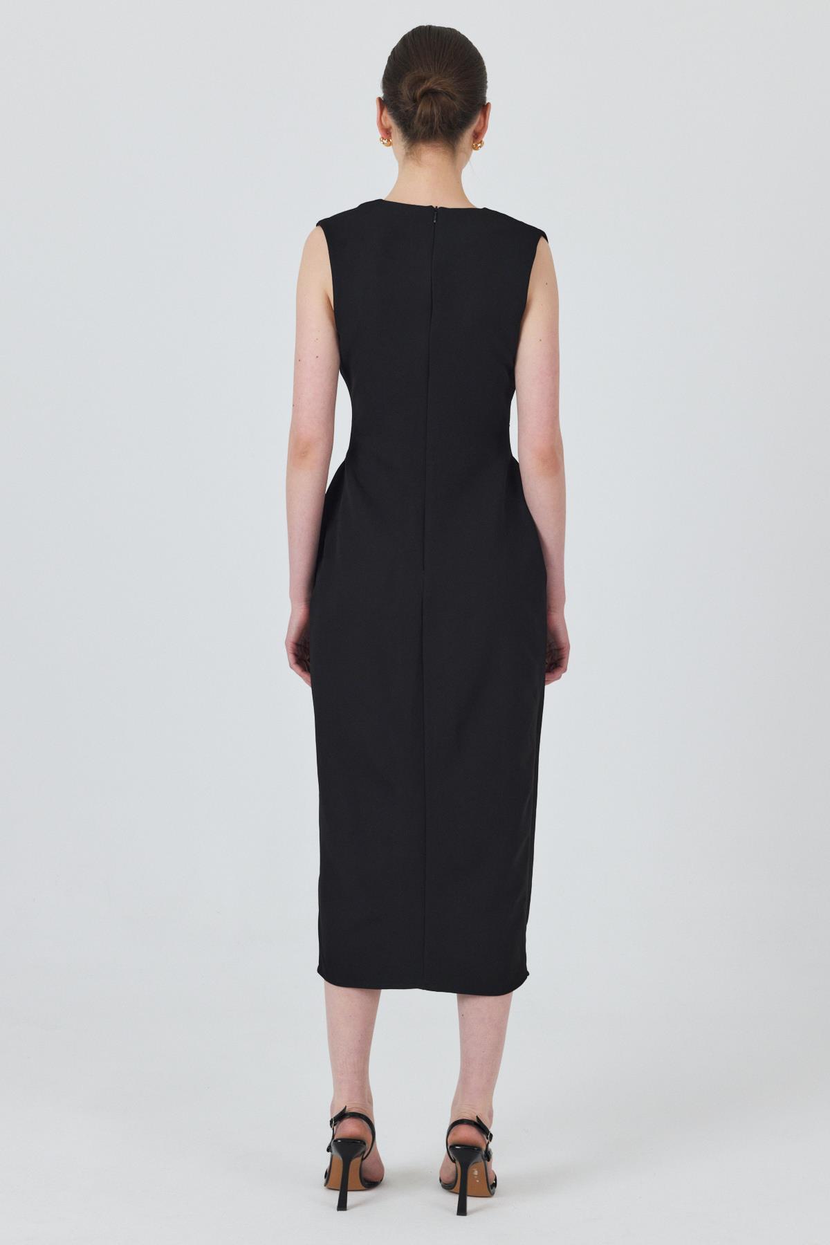 Siyah Tokalı Kemer Ve Düğme Detaylı Kolsuz Elbise 251653 - 5