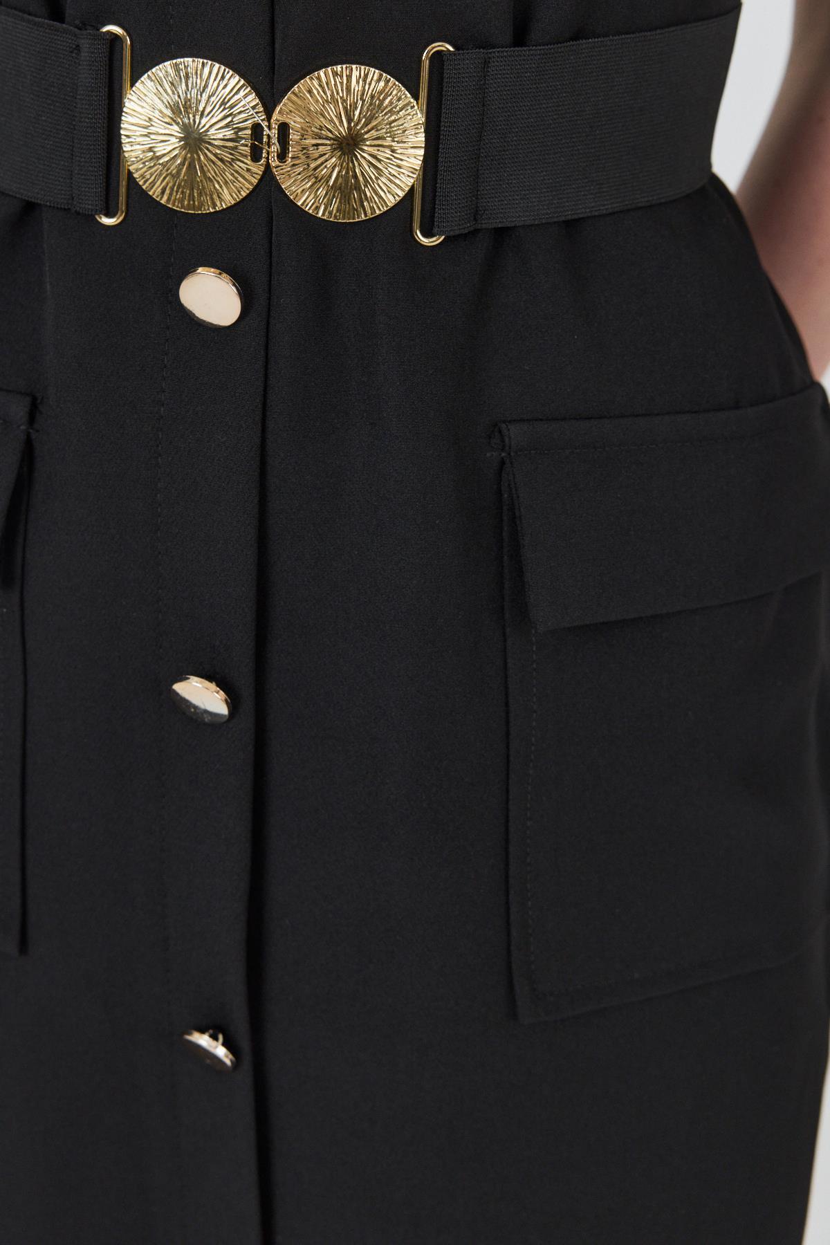 Siyah Tokalı Kemer Ve Düğme Detaylı Kolsuz Elbise 251653 - 6