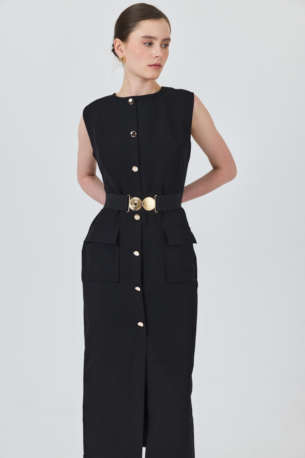 Siyah Tokalı Kemer Ve Düğme Detaylı Kolsuz Elbise 251653 - 7